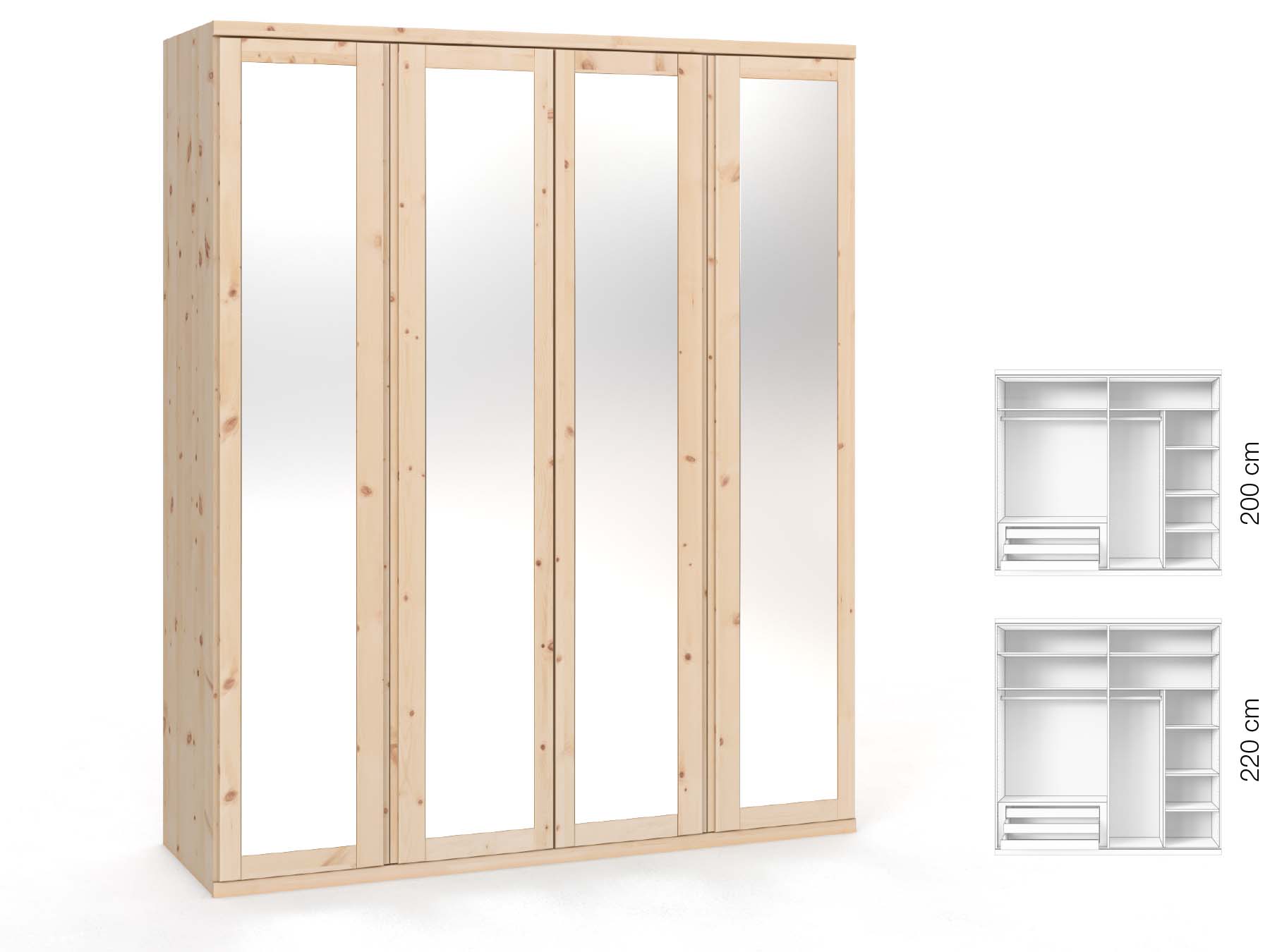 Zirbenschrank „Sandra“, 4-türig, Höhe 220 cm, Griffausführung „Patrizia“, Inneneinrichtung: C