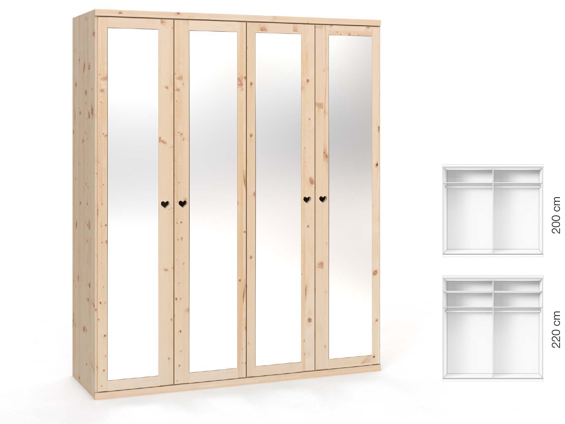Zirbenschrank „Sandra“, 4-türig, Höhe 220 cm, Griffausführung „Heidi“, Inneneinrichtung: A
