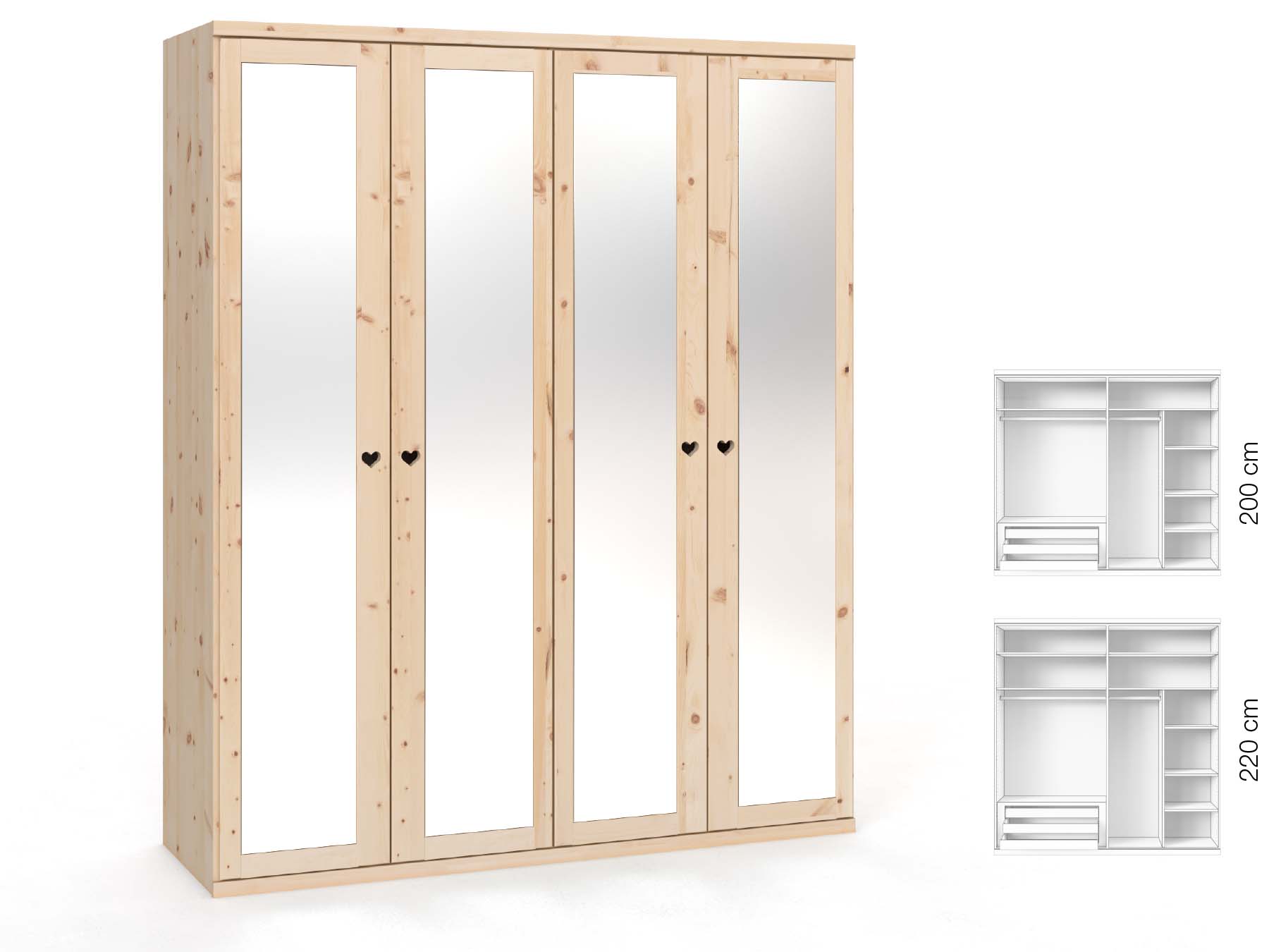 Zirbenschrank „Sandra“, 4-türig, Höhe 220 cm, Griffausführung „Heidi“, Inneneinrichtung: C