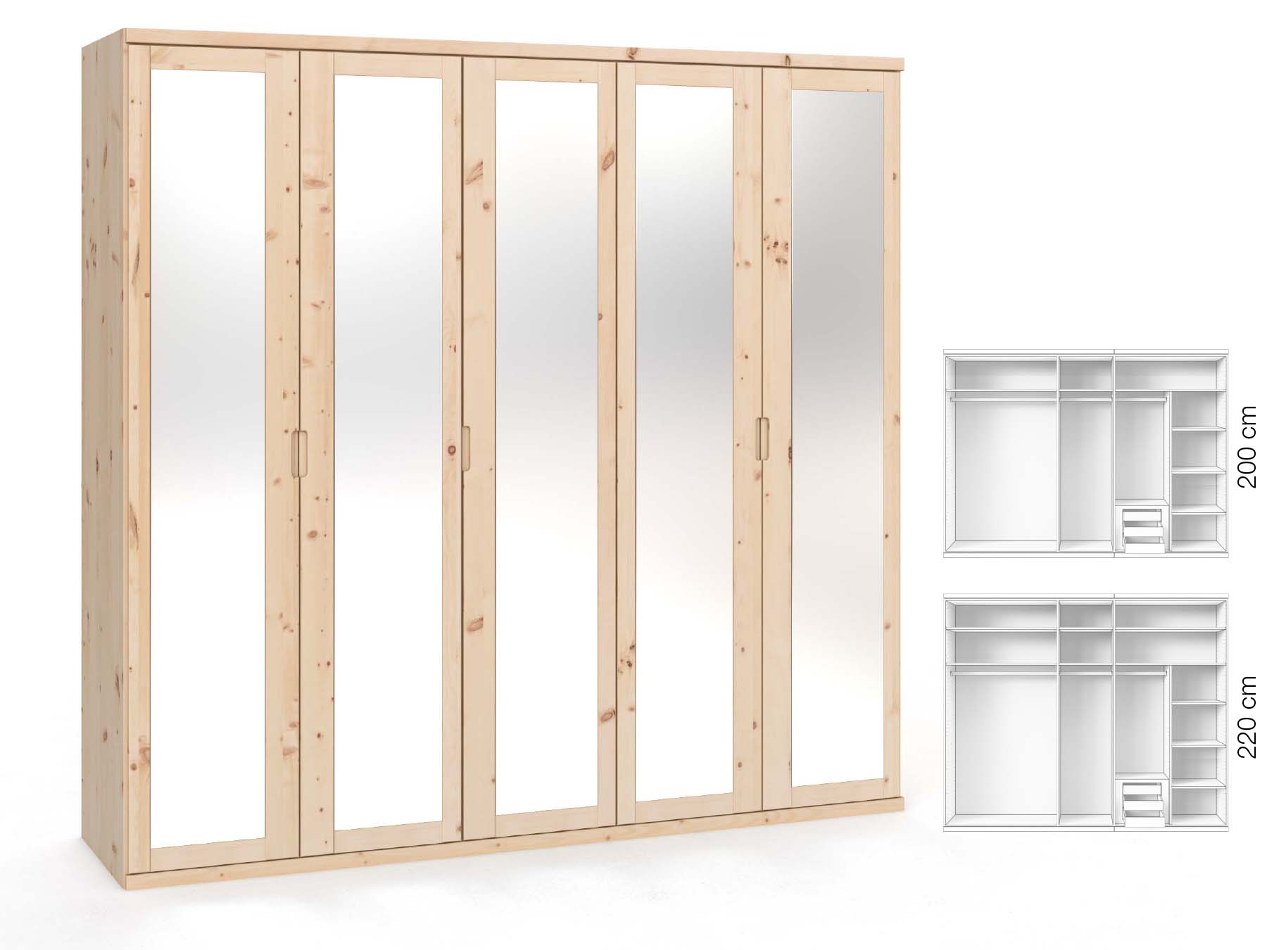 Zirbenschrank „Sandra“, 5-türig, Höhe 220 ​cm, Griffausführung „Lukas“, Inneneinrichtung: D
