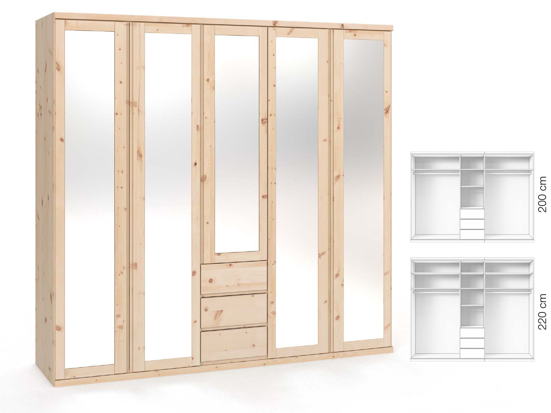 Zirbenschrank „Sandra“, 5-türig, Höhe 220 ​cm, Griffausführung „Patrizia“, Inneneinrichtung: E