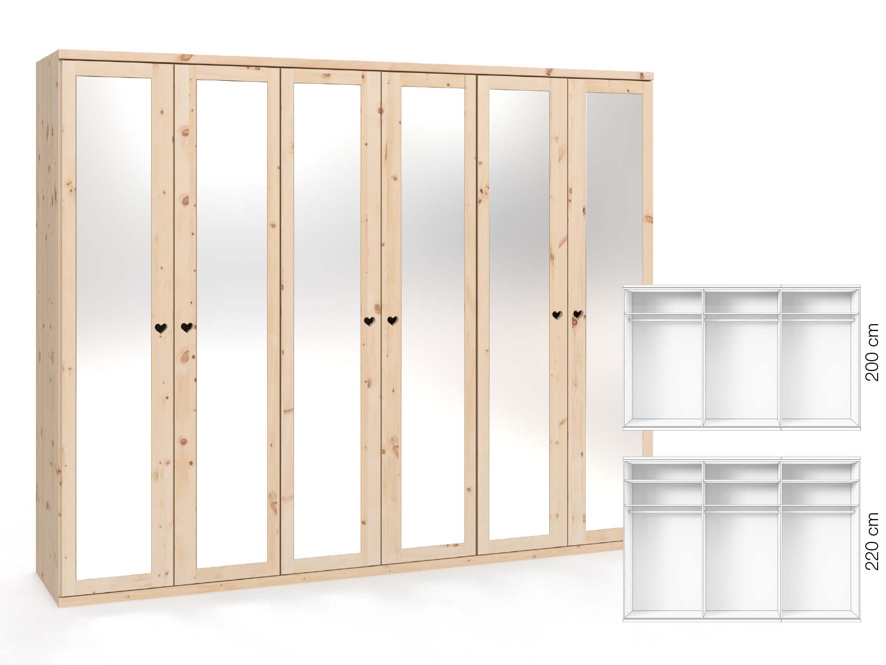 Zirbenschrank „Sandra“, 6-türig, Höhe 220 cm, Griffausführung „Heidi“, Inneneinrichtung: A
