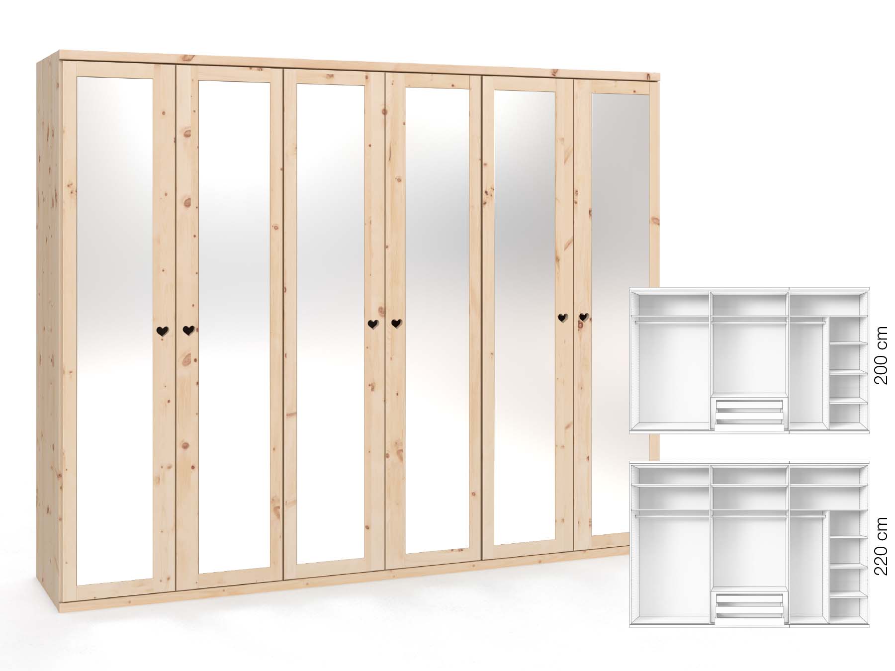 Zirbenschrank „Sandra“, 6-türig, Höhe 220 cm, Griffausführung „Heidi“, Inneneinrichtung: B