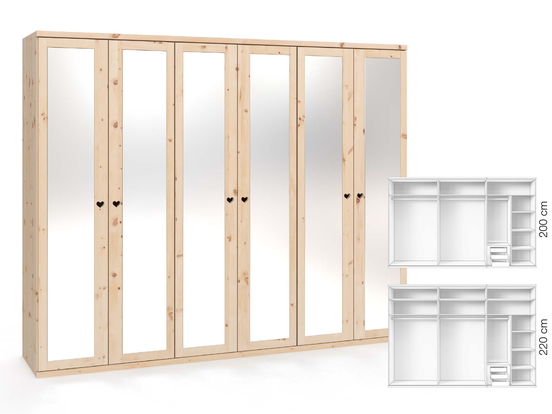 Zirbenschrank „Sandra“, 6-türig, Höhe 220 cm, Griffausführung „Heidi“, Inneneinrichtung: C