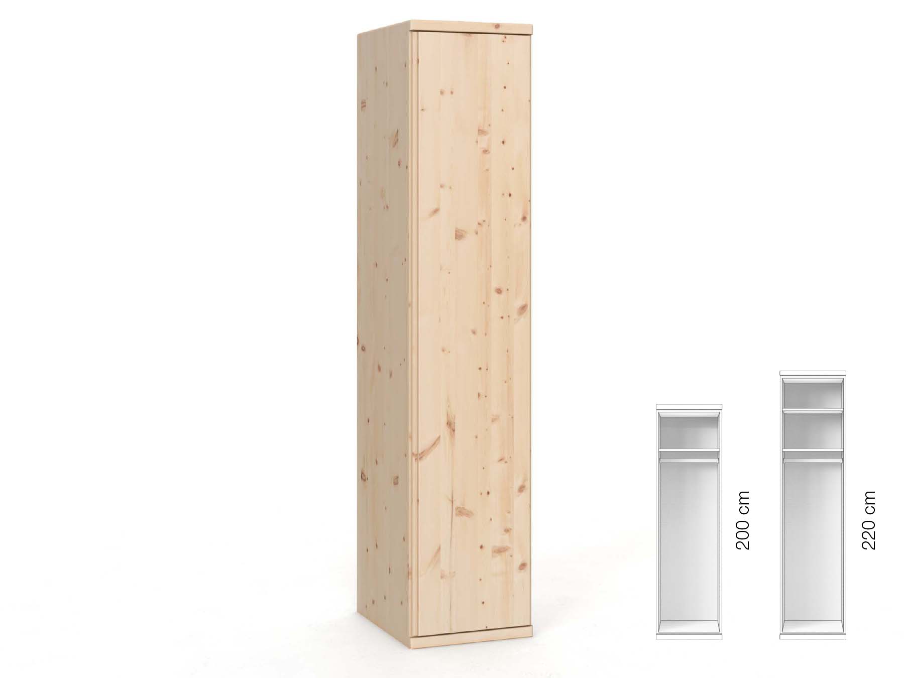 Zirbenschrank „Valentin“, 1-türig, Höhe 220 cm, Griffausführung „Patrizia“, Inneneinrichtung: A, Türanschlag rechts