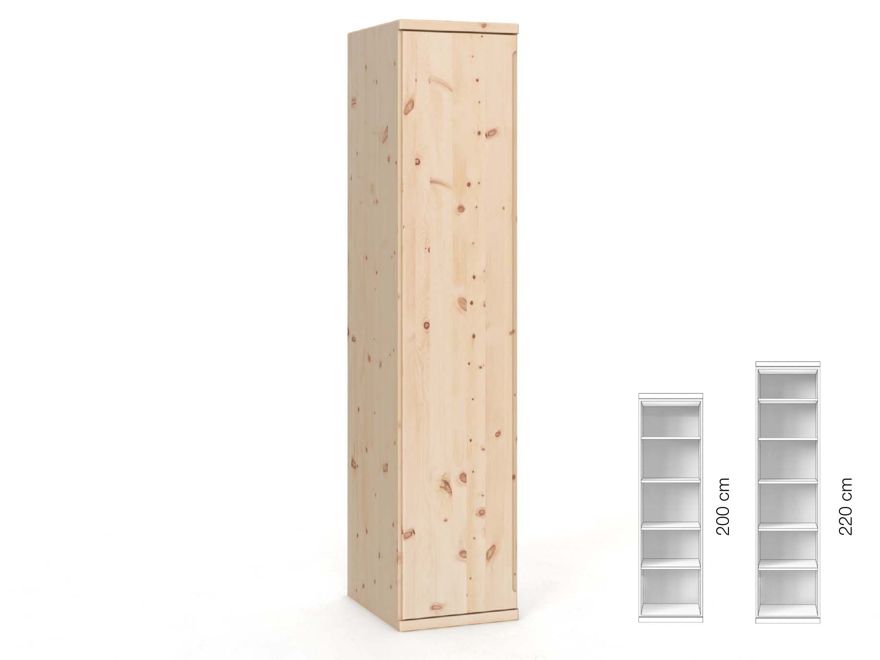 Zirbenschrank „Valentin“, 1-türig, Höhe 220 cm, Griffausführung „Lukas“, Inneneinrichtung: B, Türanschlag links