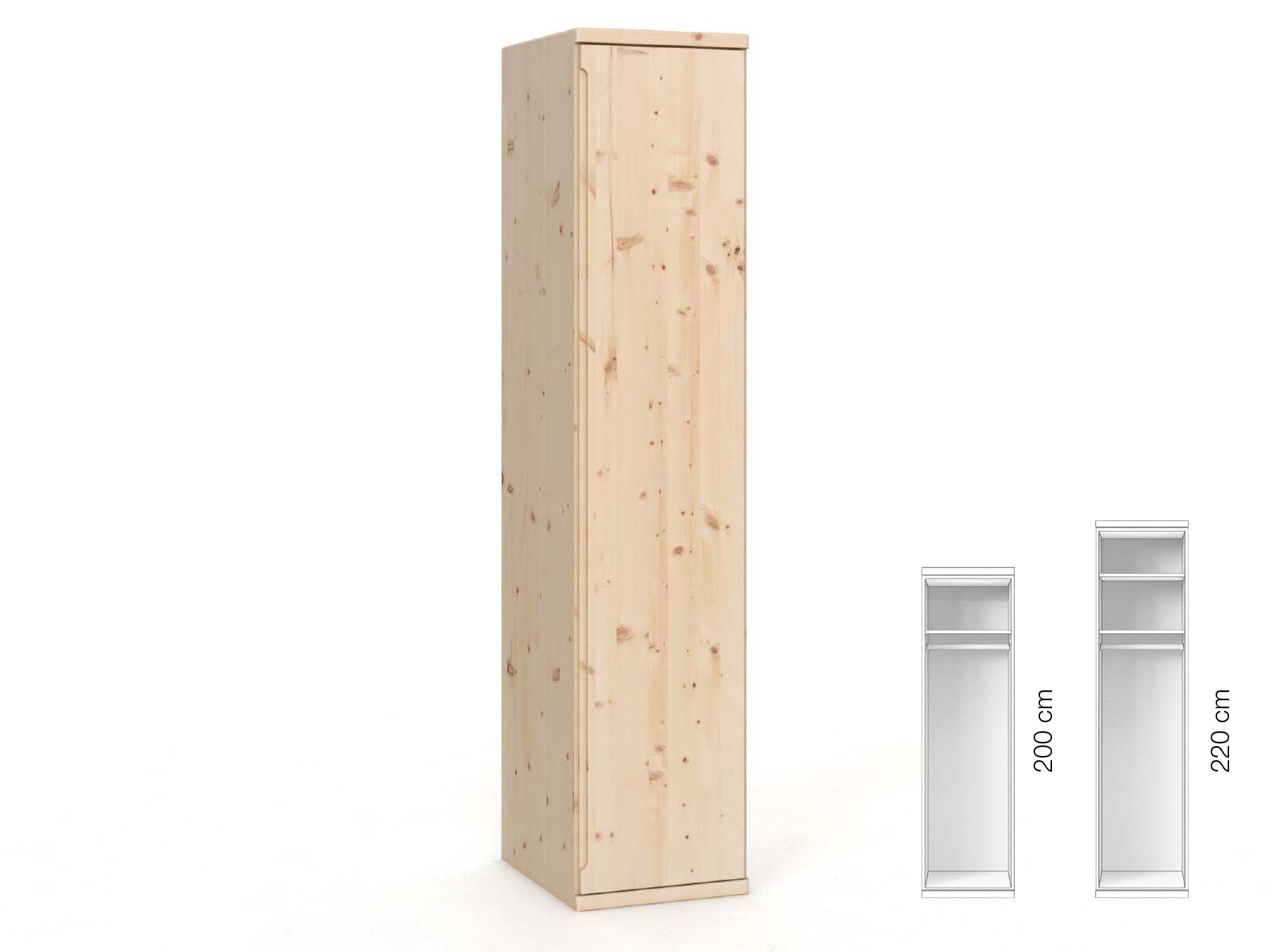 Zirbenschrank „Valentin“, 1-türig, Höhe 220 cm, Griffausführung „Lukas“, Inneneinrichtung: A, Türanschlag rechts