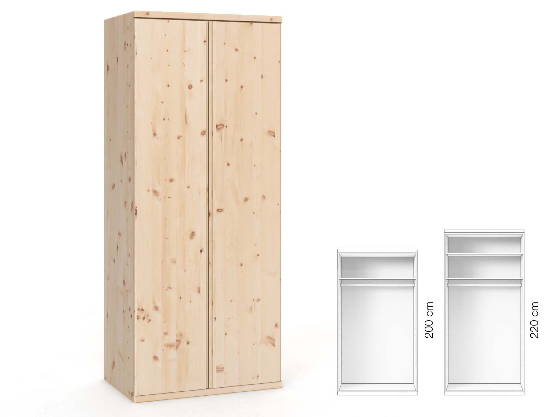 Zirbenschrank „Valentin“, 2-türig, Höhe 220 cm, Griffausführung „Patrizia“, Inneneinrichtung: A 
