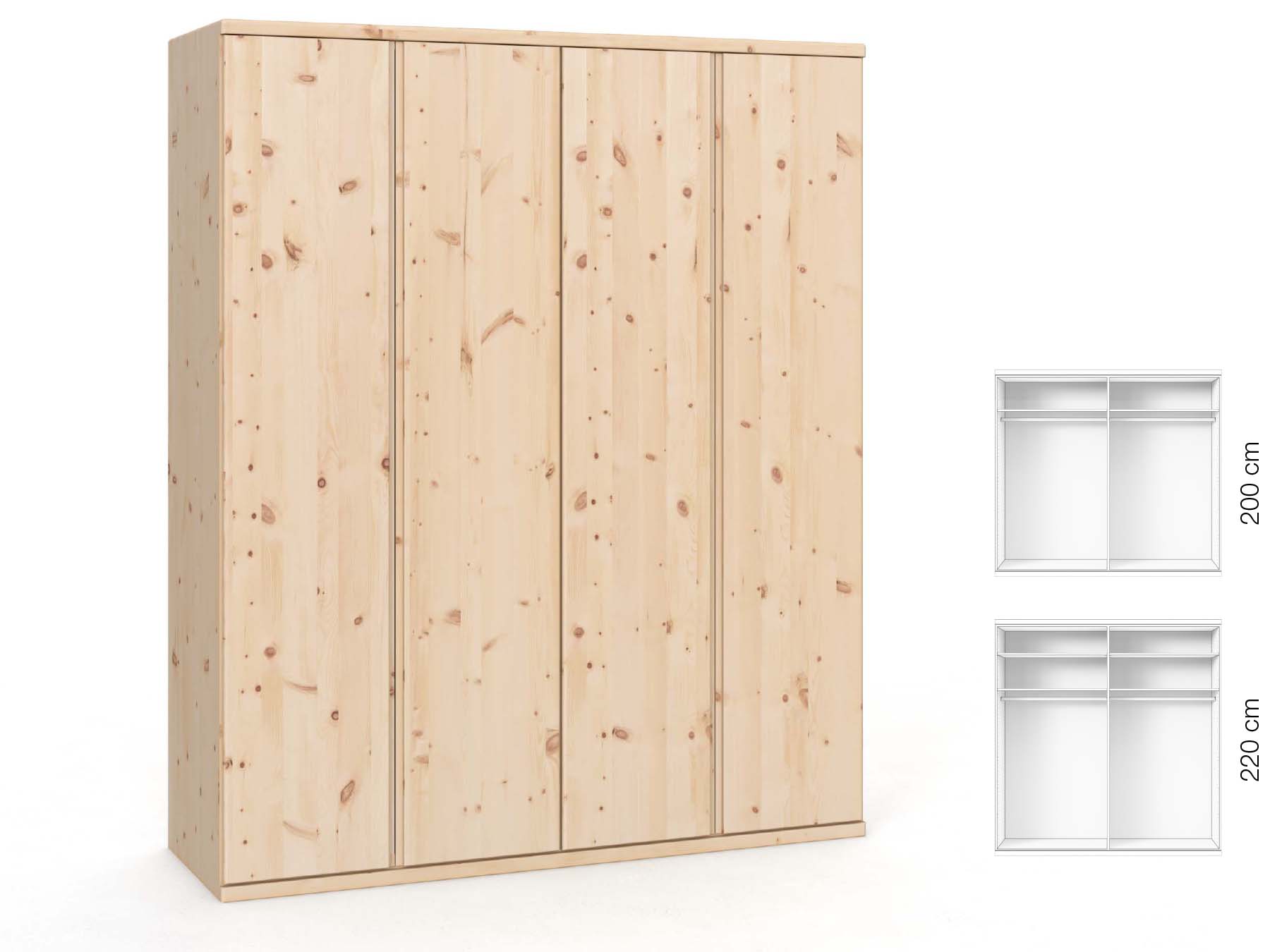 Zirbenschrank „Valentin“, 4-türig, Höhe 220 cm, Griffausführung „Patrizia“, Inneneinrichtung: A 
