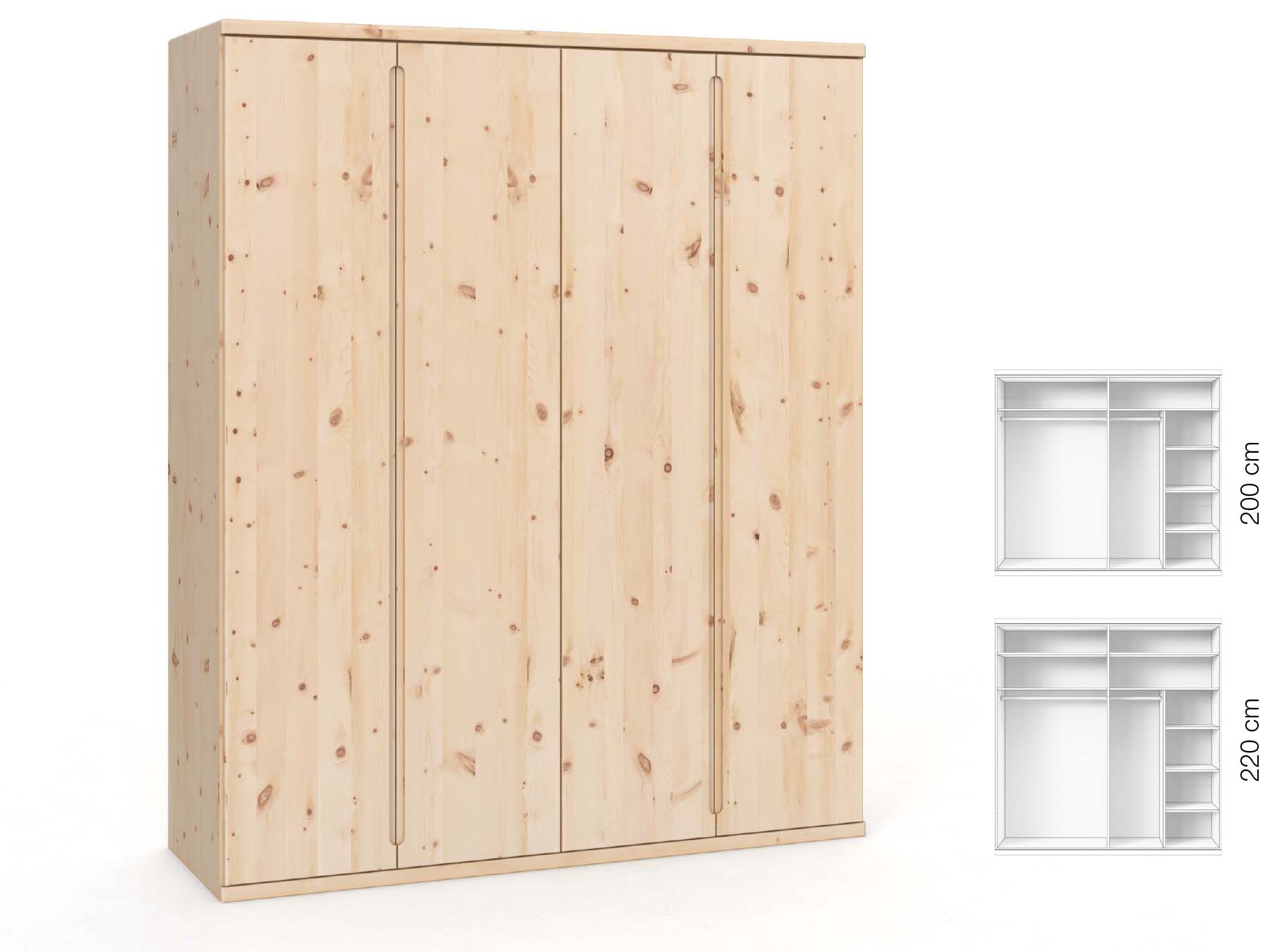 Zirbenschrank „Valentin“, 4-türig, Höhe 220 cm, Griffausführung „Lukas“, Inneneinrichtung: B