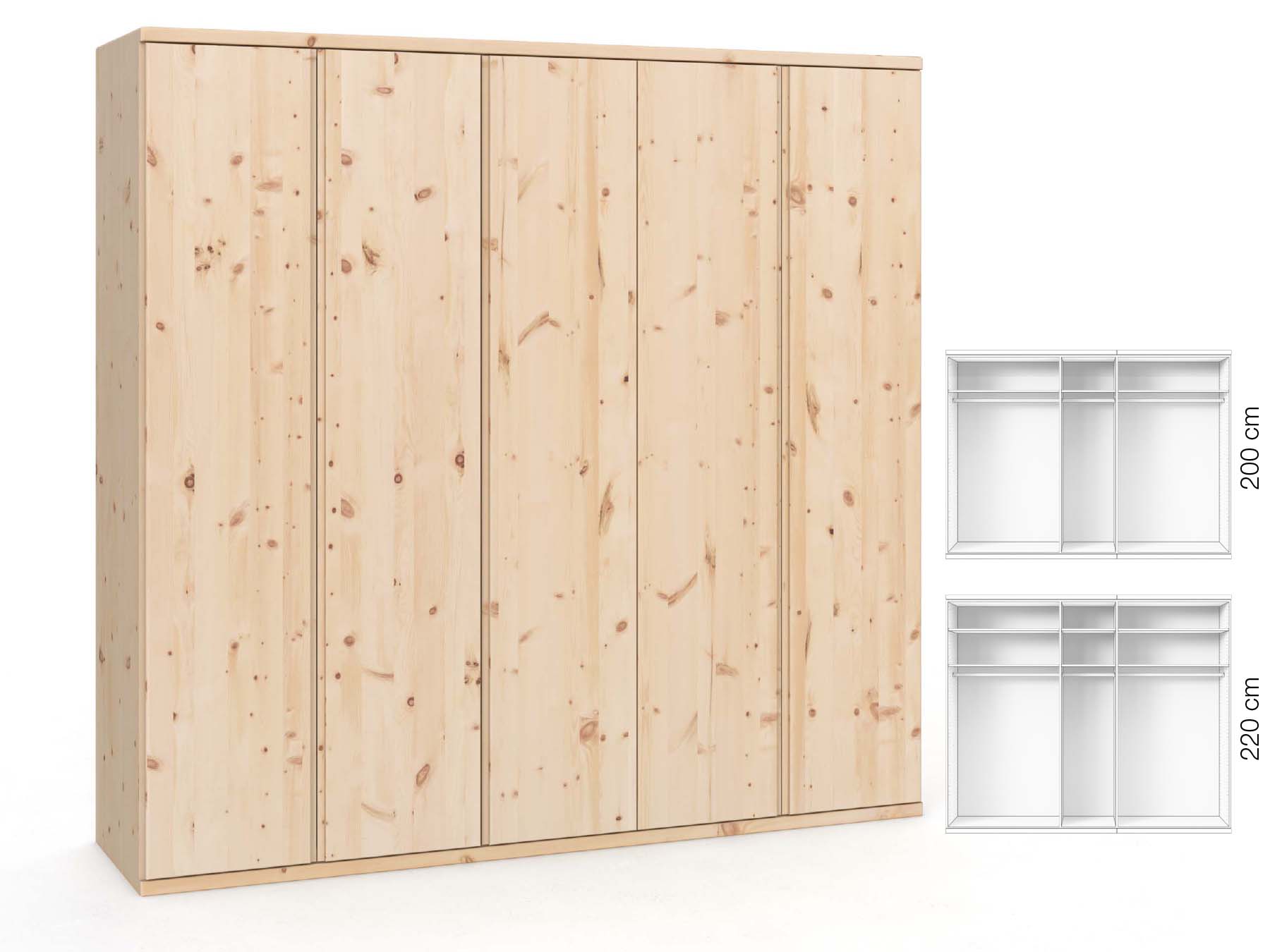 Zirbenschrank „Valentin“, 5-türig, Höhe 220 cm, Griffausführung „Patrizia“, Inneneinrichtung: A 