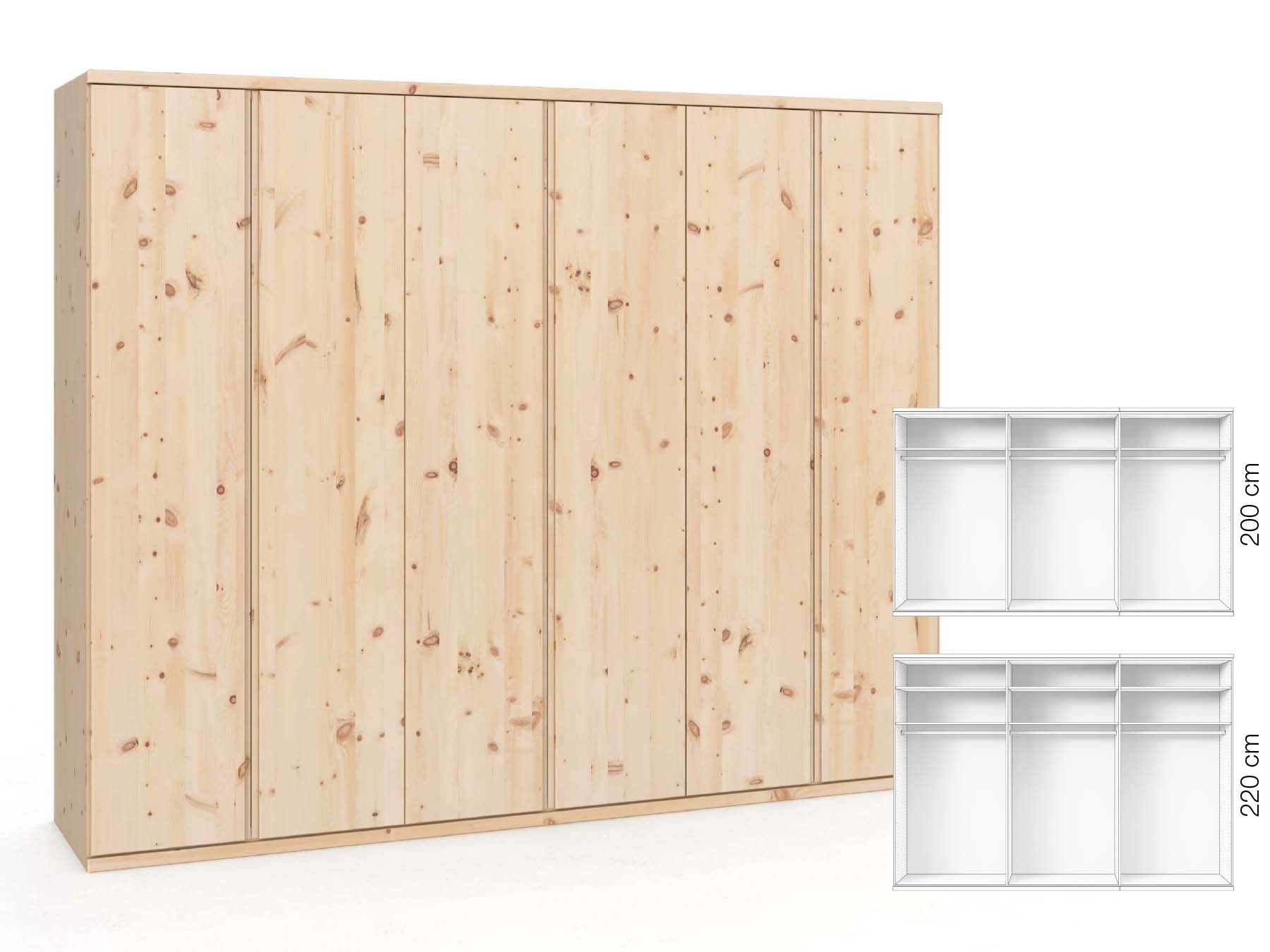 Zirbenschrank „Valentin“, 6-türig, Höhe 220 cm, Griffausführung „Patrizia“, Inneneinrichtung: A 