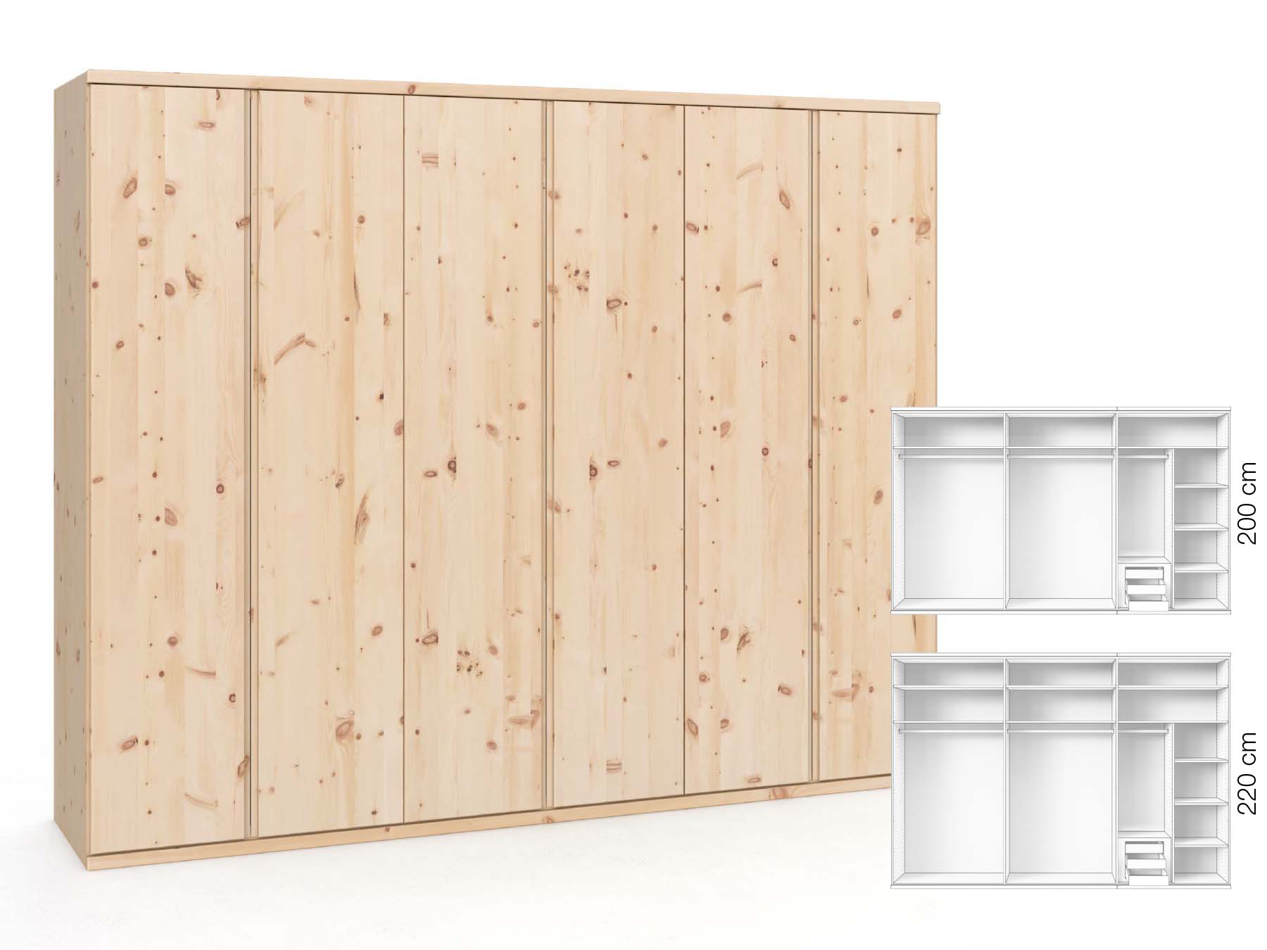 Zirbenschrank „Valentin“, 6-türig, Höhe 220 cm, Griffausführung „Patrizia“, Inneneinrichtung: C
