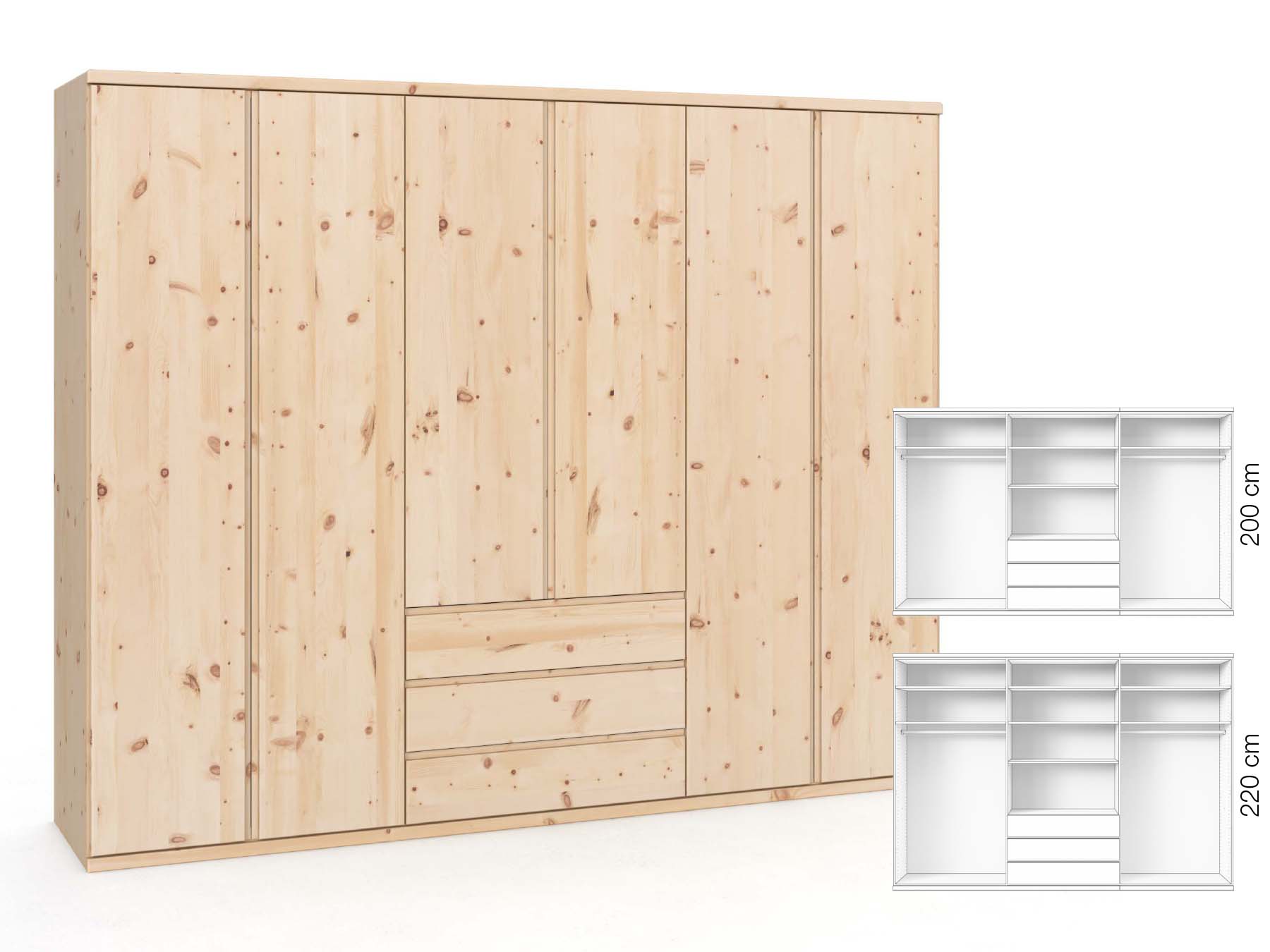 Zirbenschrank „Valentin“, 6-türig, Höhe 220 cm, Griffausführung „Patrizia“, Inneneinrichtung: D