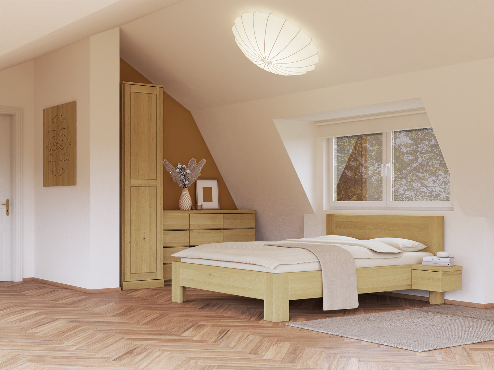 Schlafzimmer mit Schrank „Edelweiß“ aus Eiche Hell, 1-türig, Höhe 235 cm, Griffausführung „Patrizia“