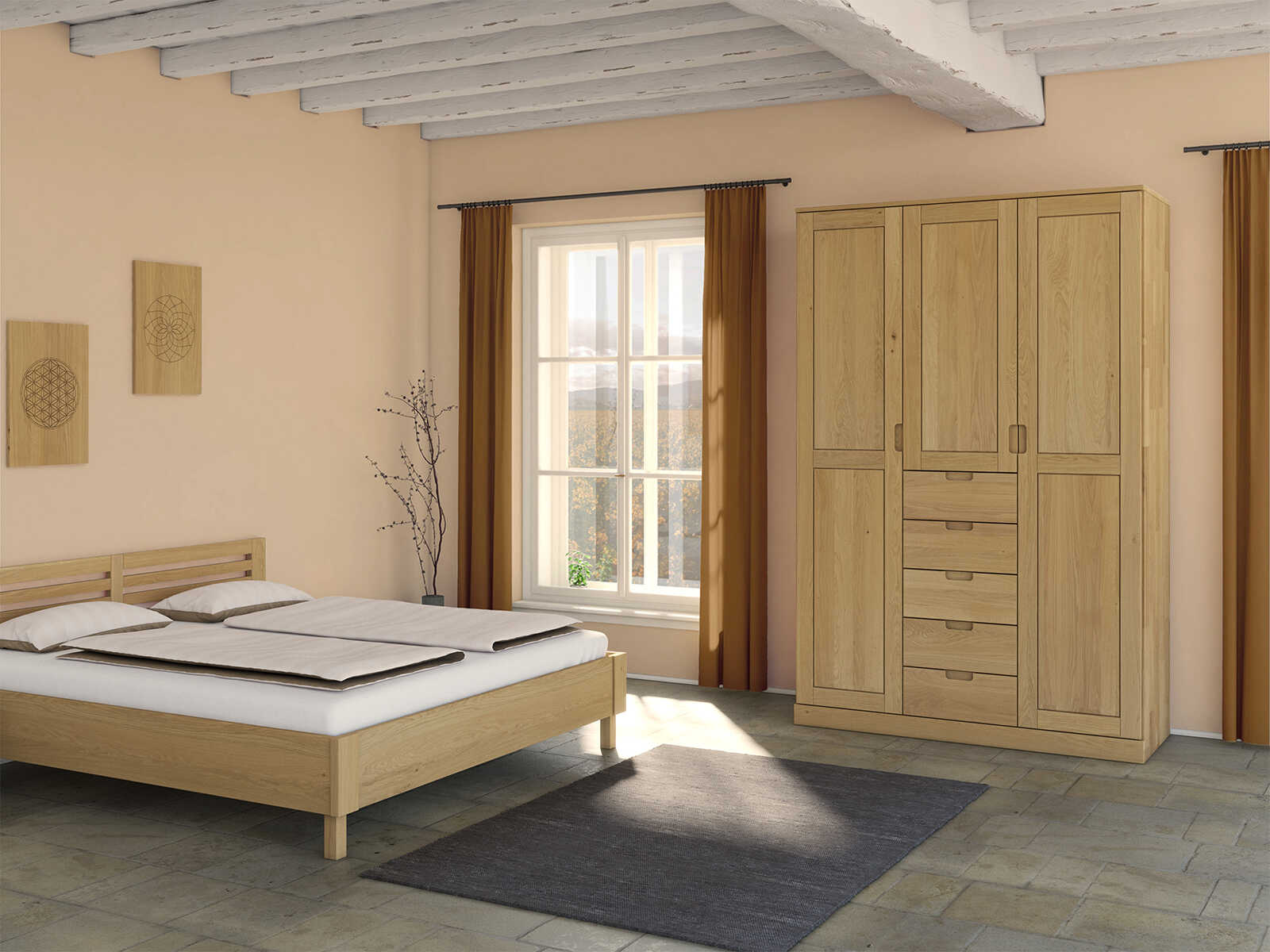 Schlafzimmer mit Schrank „Edelweiß“ aus Eiche Hell, 3-türig, Höhe 235 cm, Griffausführung „Lukas“