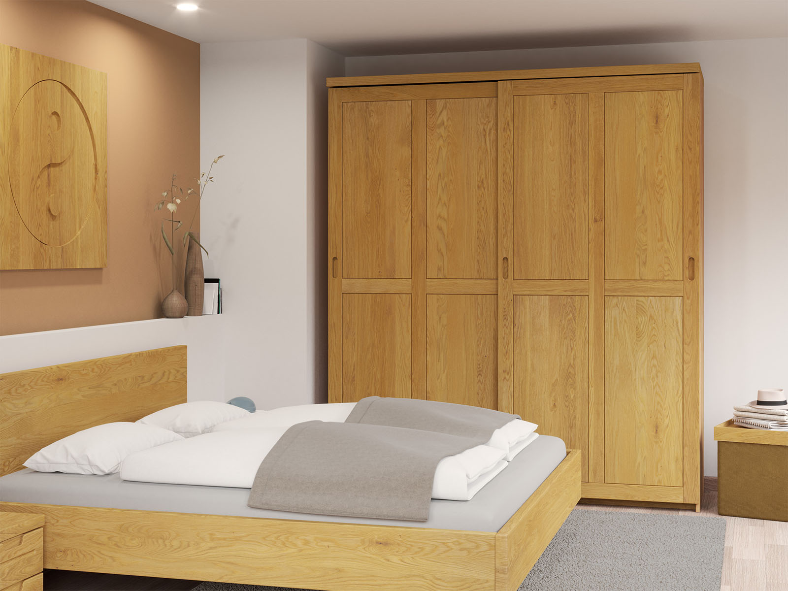 Schlafzimmer mit Schrank „Edelweiß" aus Eiche, 2-türig breit, Höhe 233 cm
