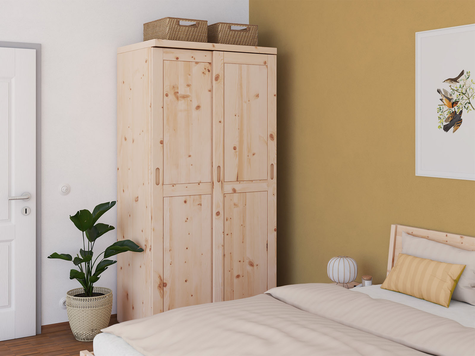 Zirbenschlafzimmer mit Zirbenschrank „Edelweiß", 2-türig schmal, Höhe 208 cm