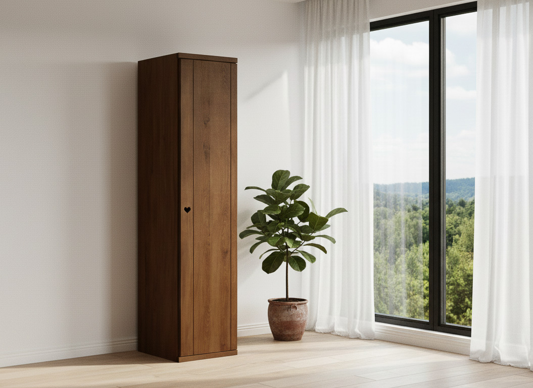 Buchenschrank Dunkel „Egon“, 1-türig, Höhe 220 cm, Griffausführung „Heidi“, Türanschlag rechts