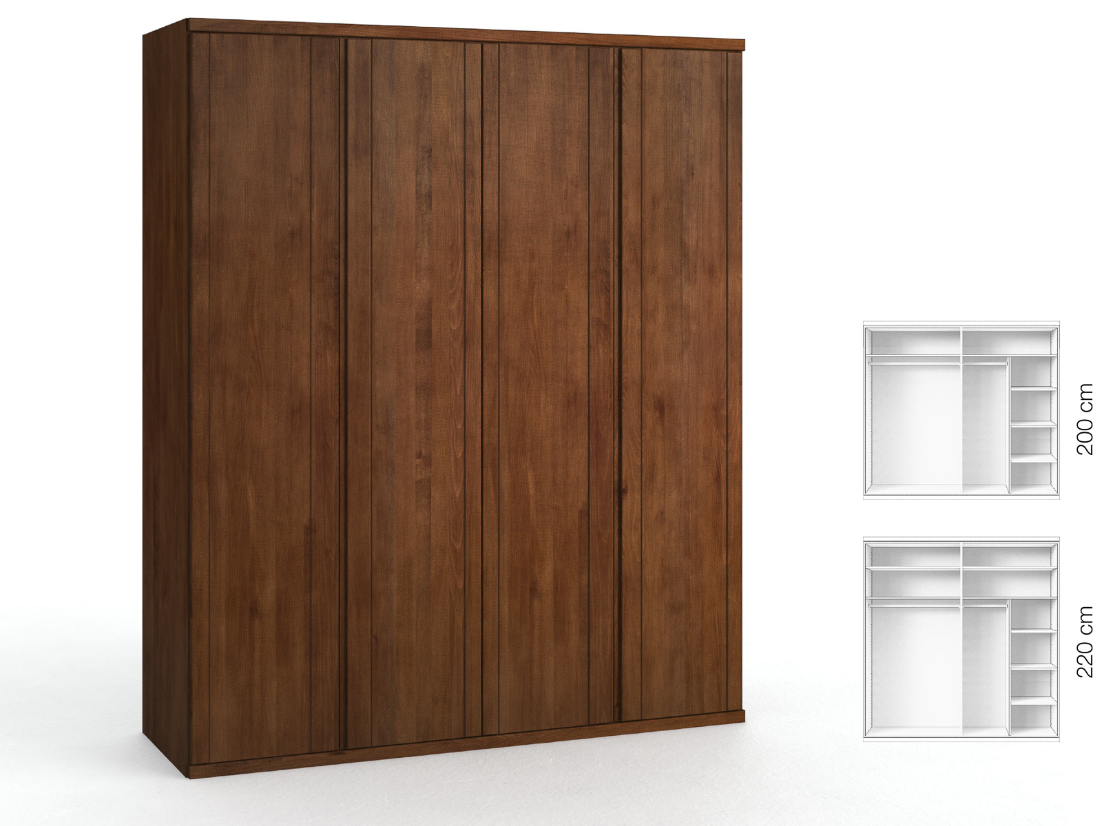 Buchenschrank Dunkel „Egon“, 4-türig, Höhe 220 cm, Griffausführung „Patrizia“, Inneneinrichtung: B