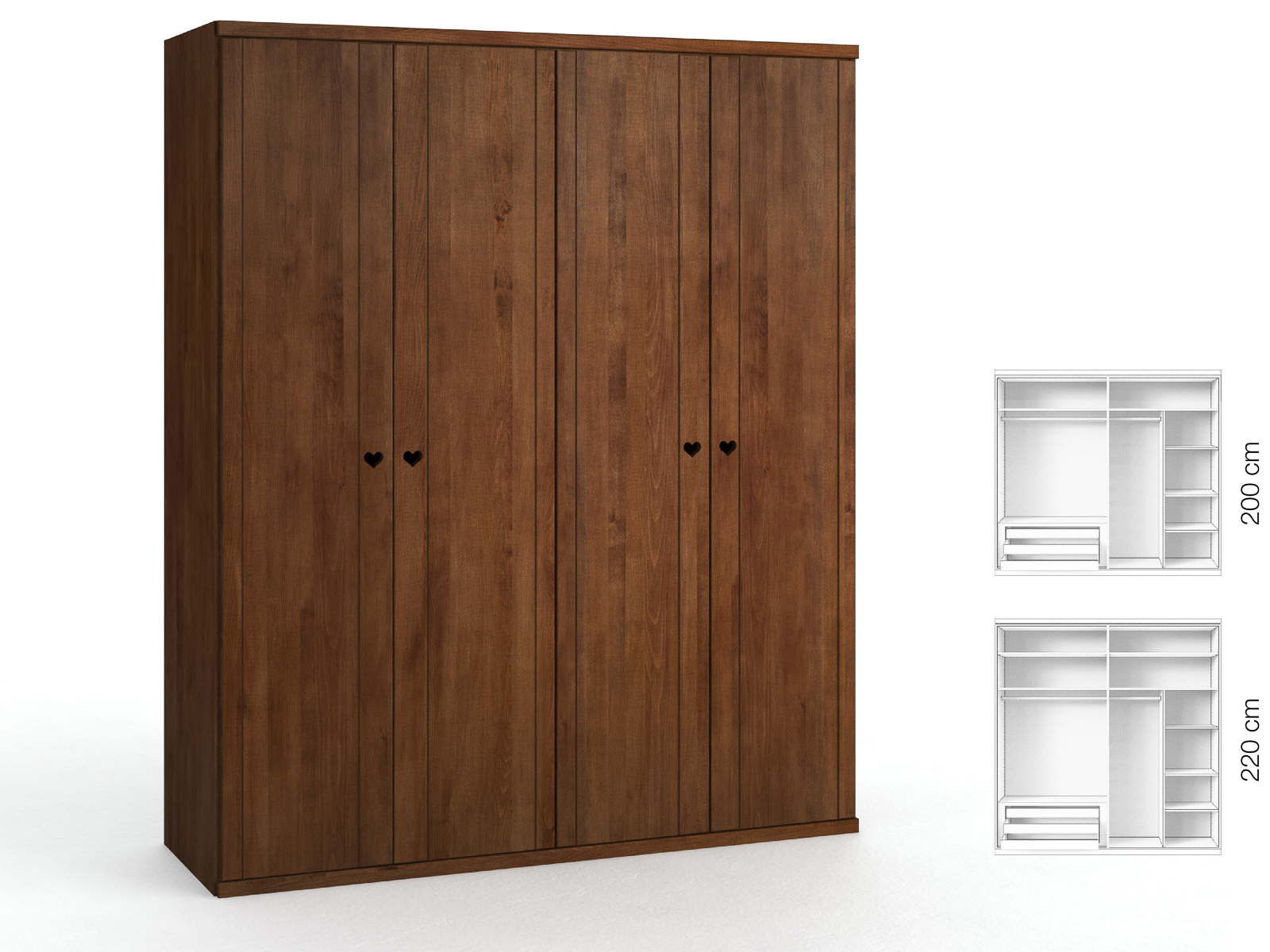 Buchenschrank Dunkel „Egon“, 4-türig, Höhe 220 cm, Griffausführung „Heidi“, Inneneinrichtung: D