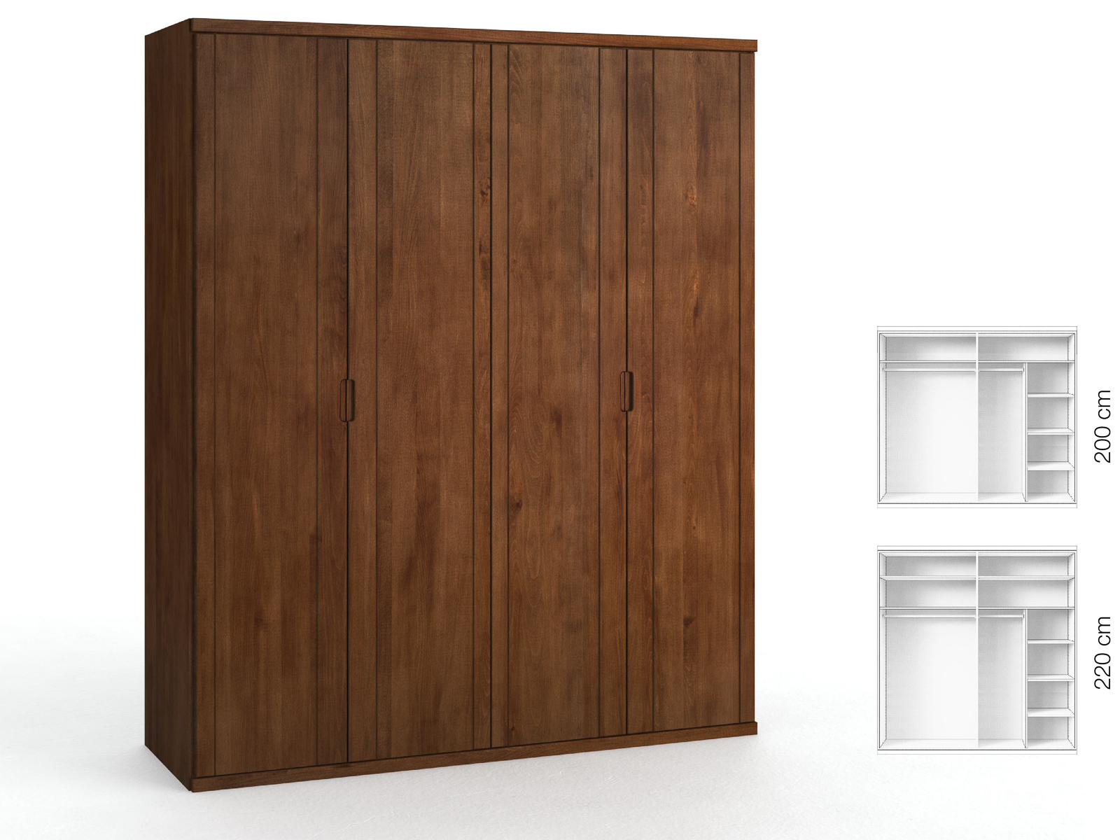 Buchenschrank Dunkel „Egon“, 4-türig, Höhe 220 cm, Griffausführung „Lukas“, Inneneinrichtung: B