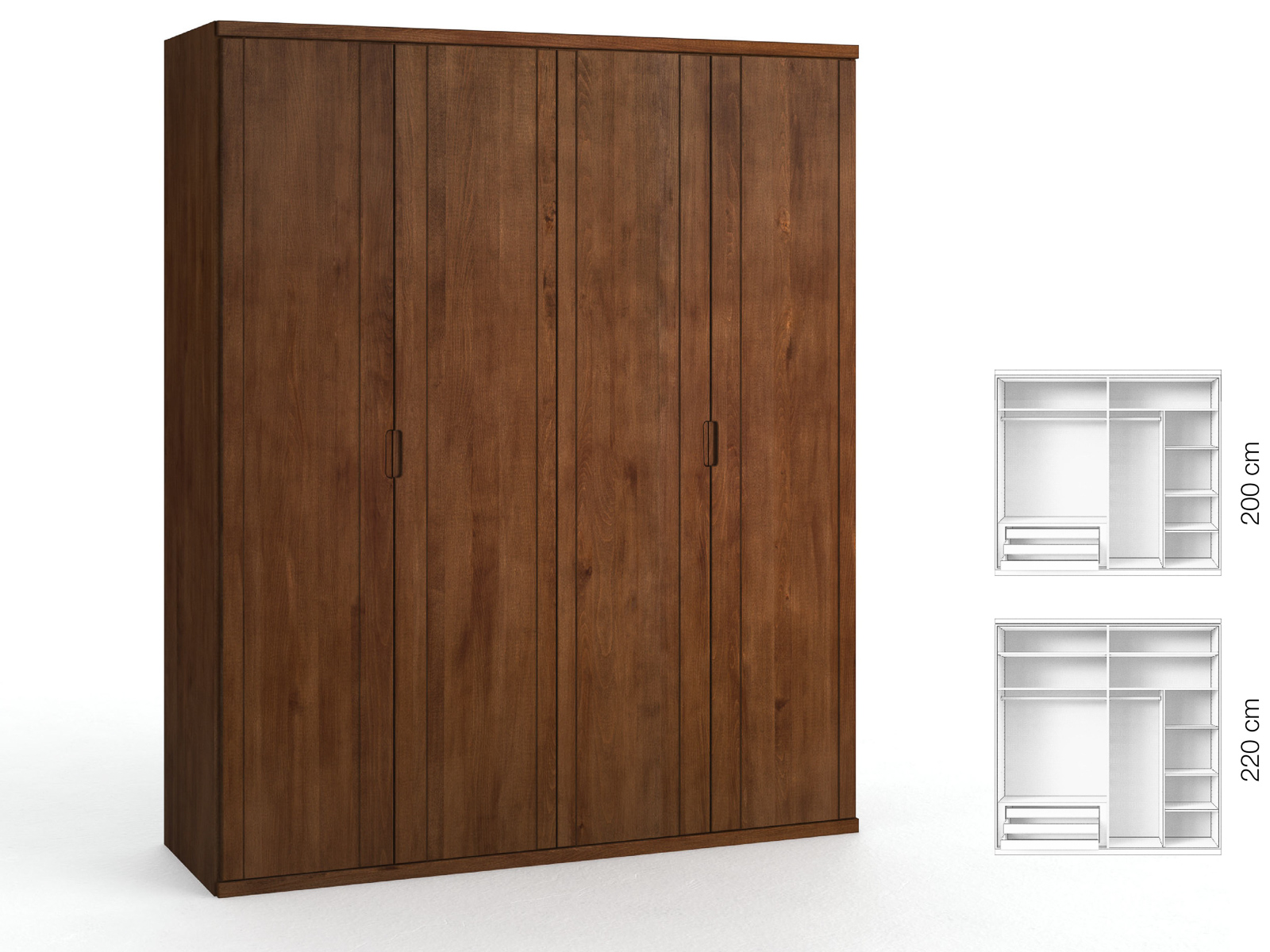 Buchenschrank Dunkel „Egon“, 4-türig, Höhe 220 cm, Griffausführung „Lukas“, Inneneinrichtung: D