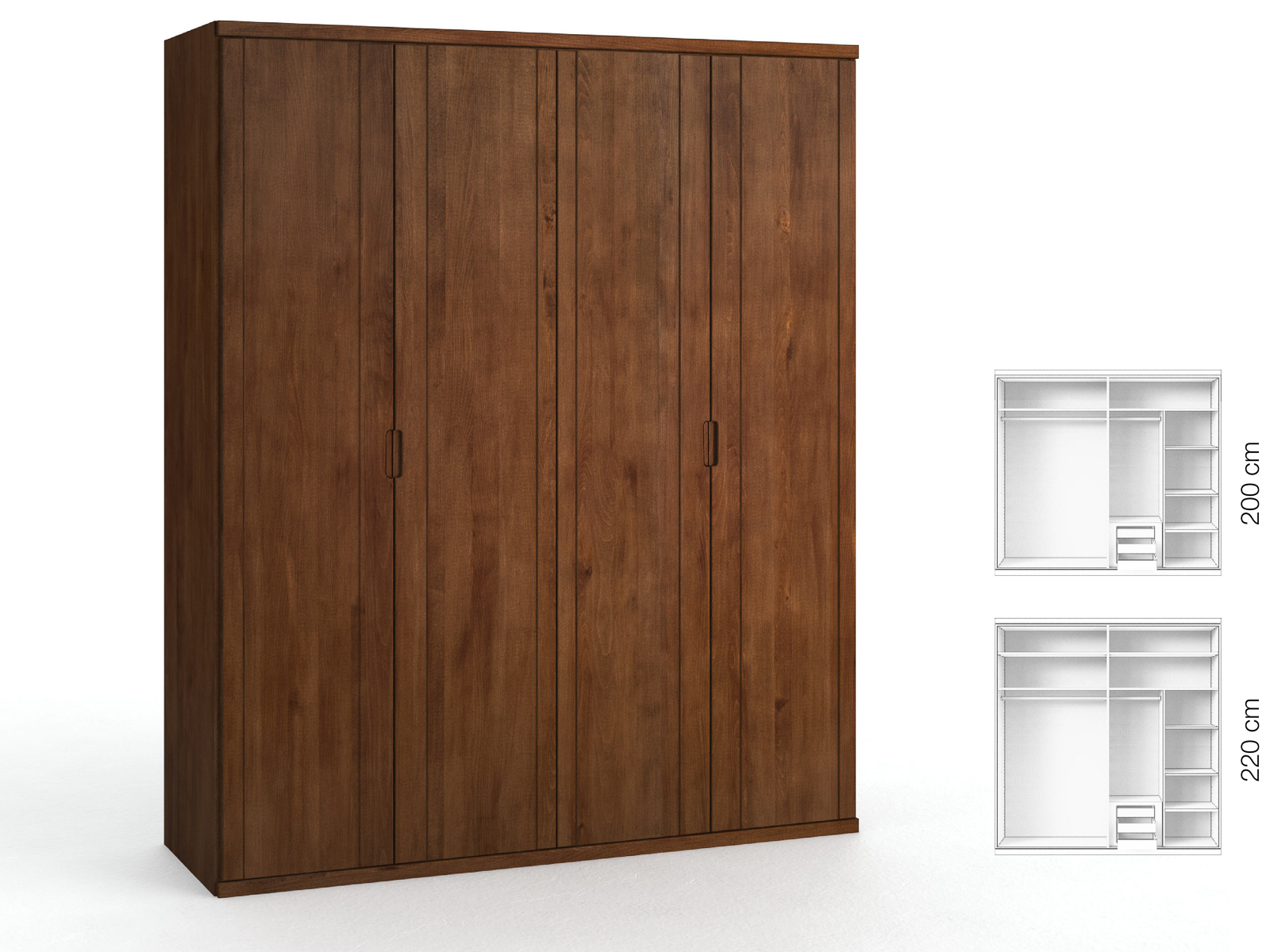 Buchenschrank Dunkel „Egon“, 4-türig, Höhe 220 cm, Griffausführung „Lukas“, Inneneinrichtung: C