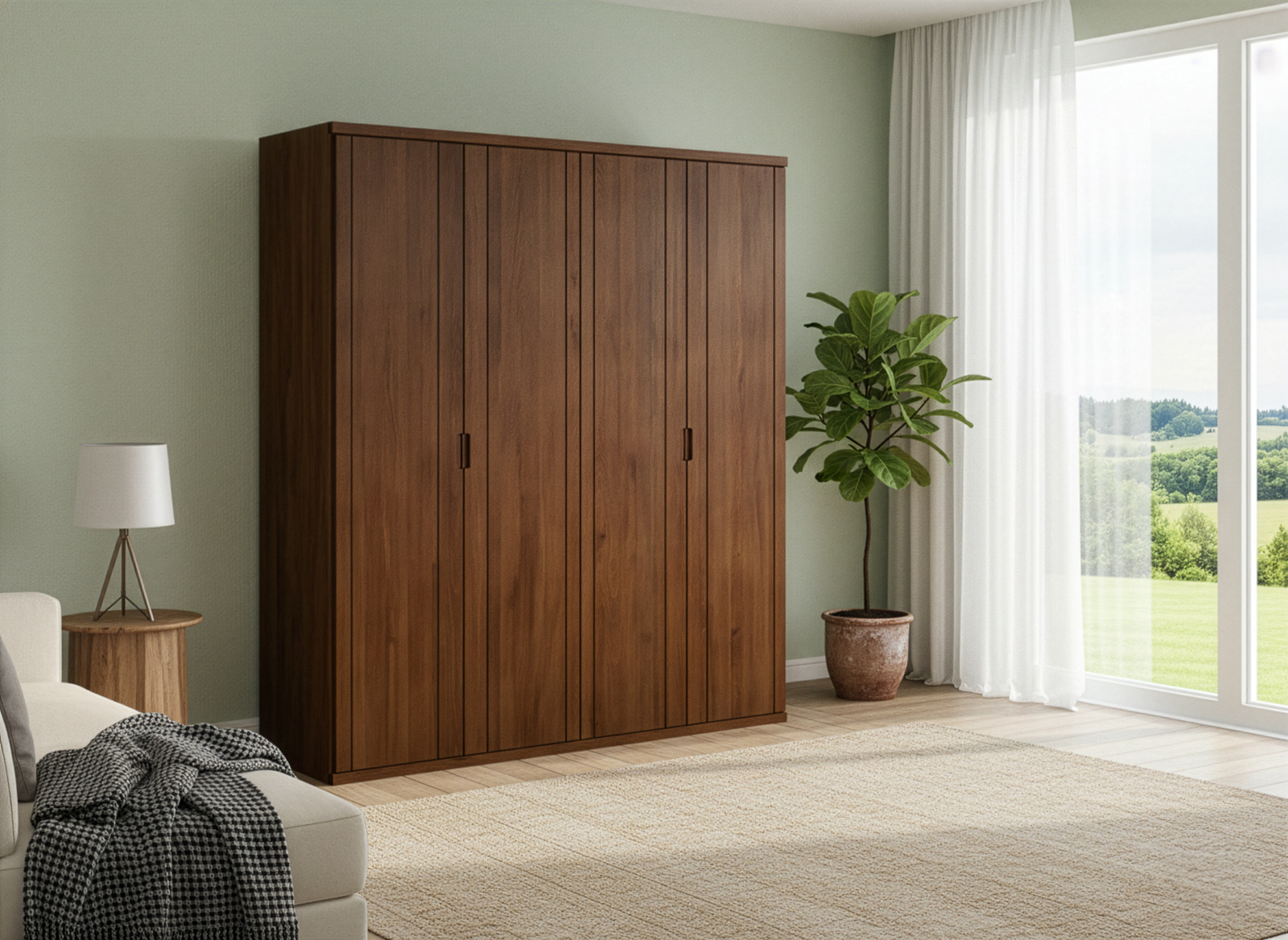 Buchenschrank Dunkel „Egon“, 4-türig, Höhe 220 cm, Griffausführung „Lukas“, Inneneinrichtung: A