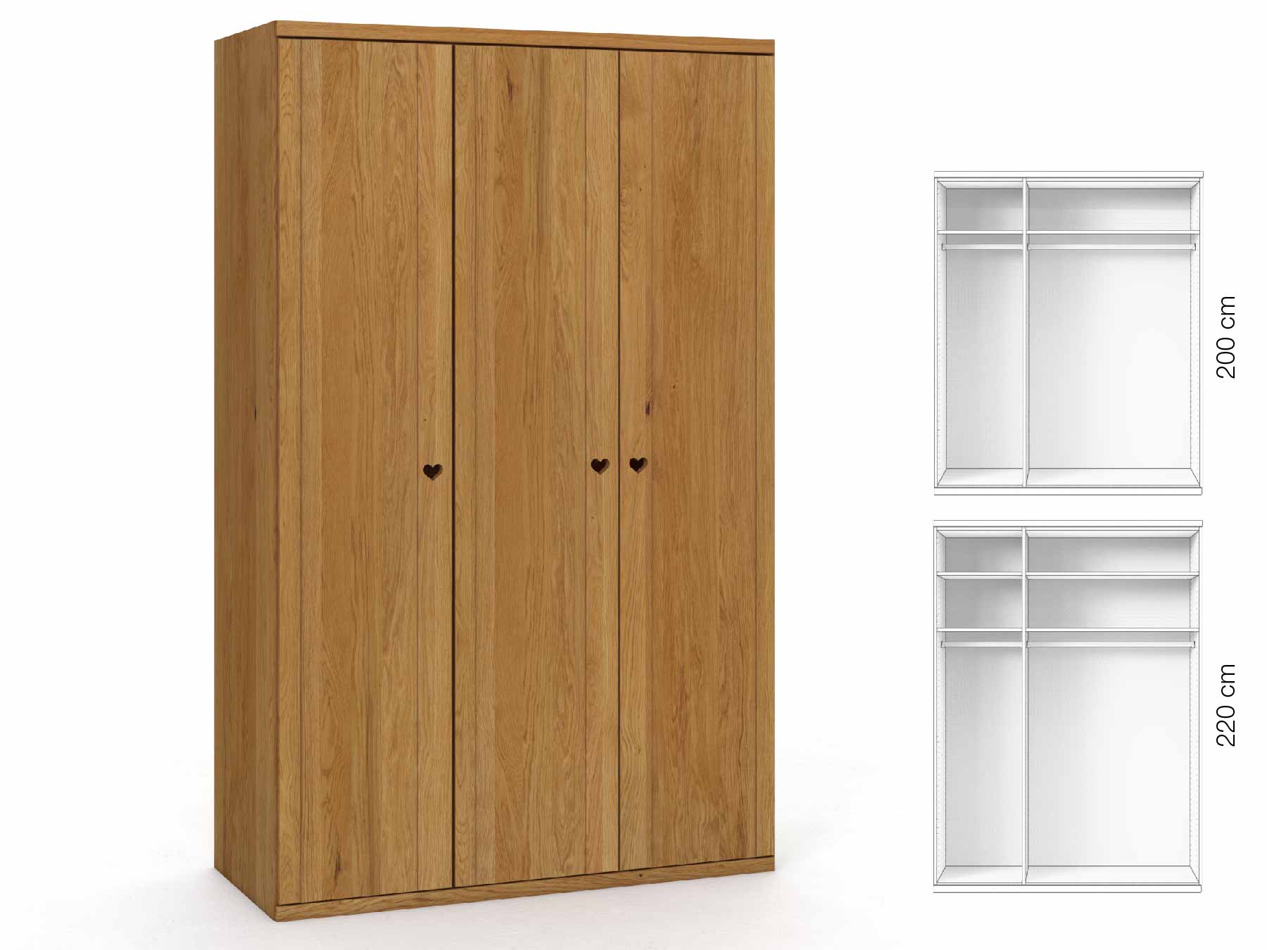 Eichenschrank „Egon“, 3-türig, Höhe 220 cm, Griffausführung „Heidi“, Inneneinrichtung: A