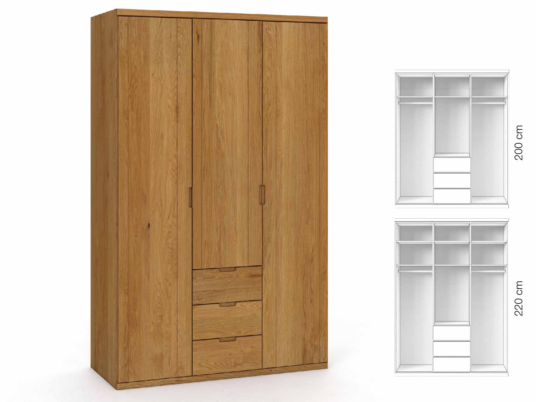 Eichenschrank „Egon“, 3-türig, Höhe 220 cm, Griffausführung „Lukas“, Inneneinrichtung: E