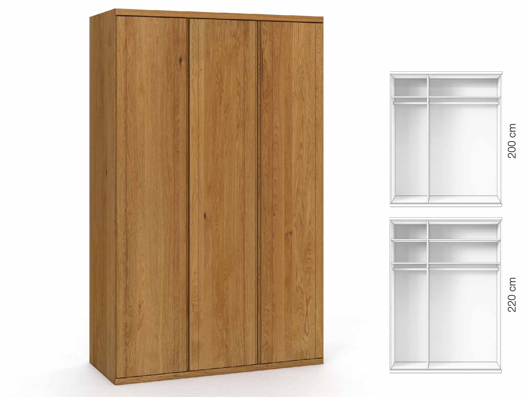 Eichenschrank „Egon“, 3-türig, Höhe 220 cm, Griffausführung „Patrizia“, Inneneinrichtung: A