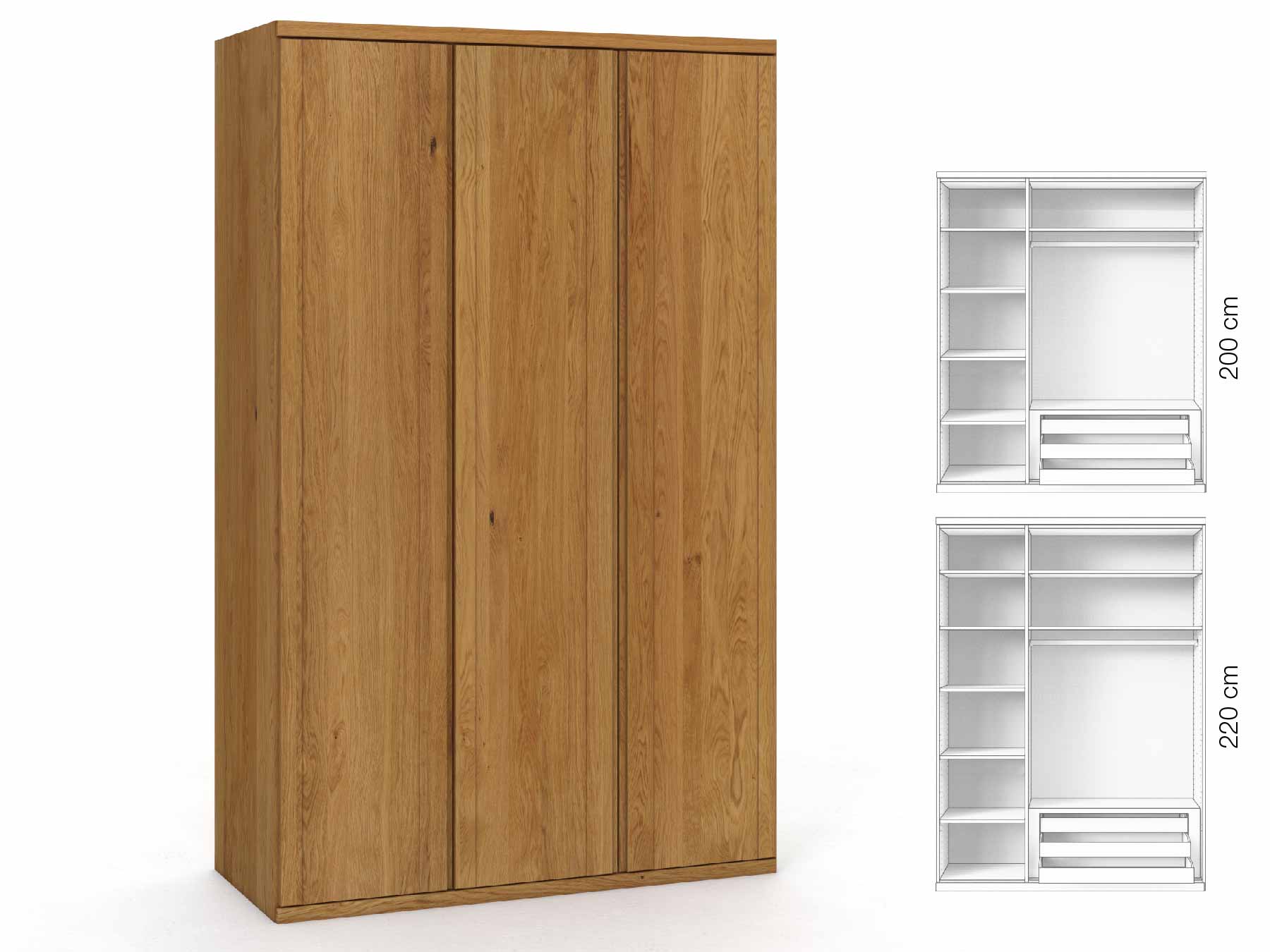 Eichenschrank „Egon“, 3-türig, Höhe 220 cm, Griffausführung „Patrizia“, Inneneinrichtung: C