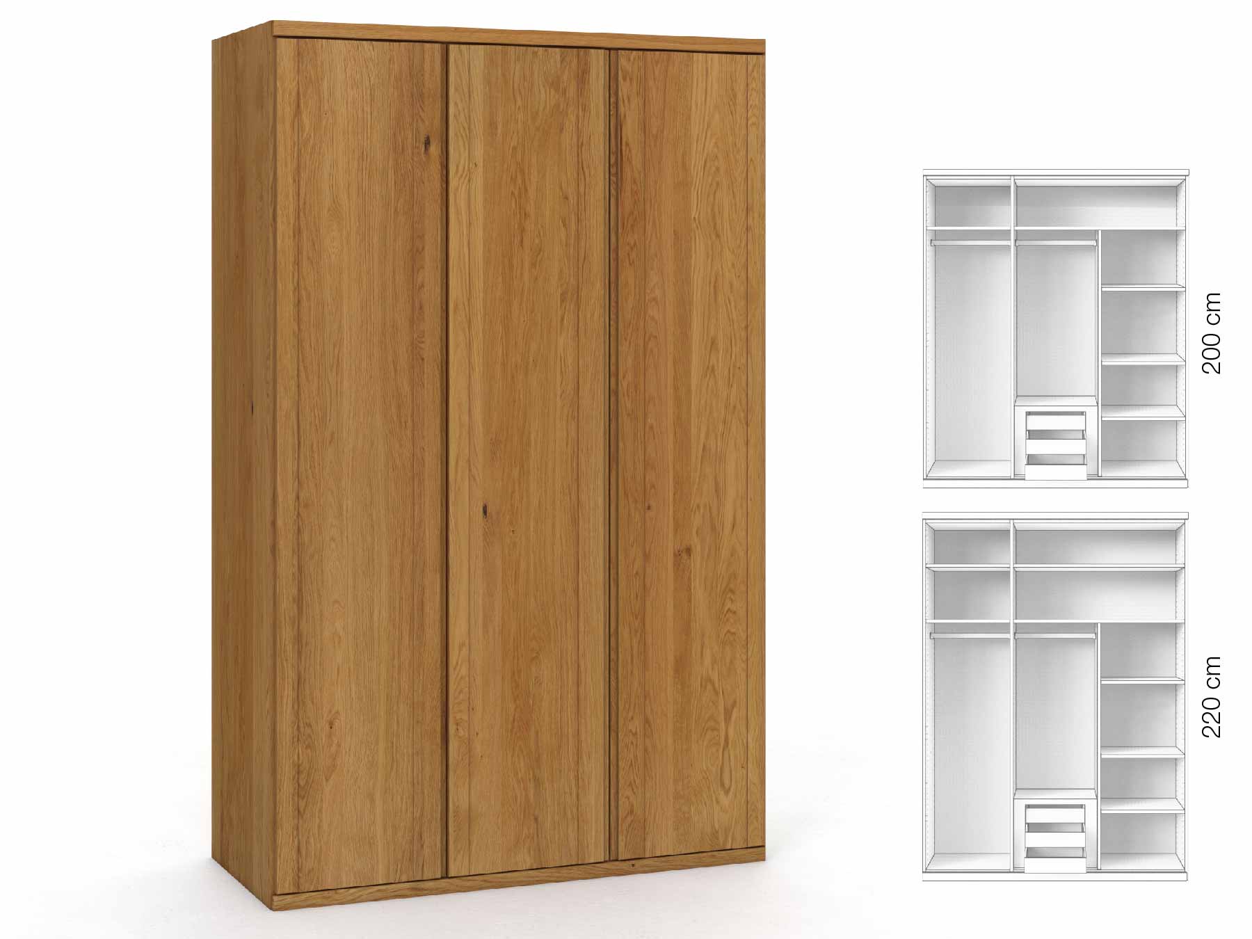Eichenschrank „Egon“, 3-türig, Höhe 220 cm, Griffausführung „Patrizia“, Inneneinrichtung: D