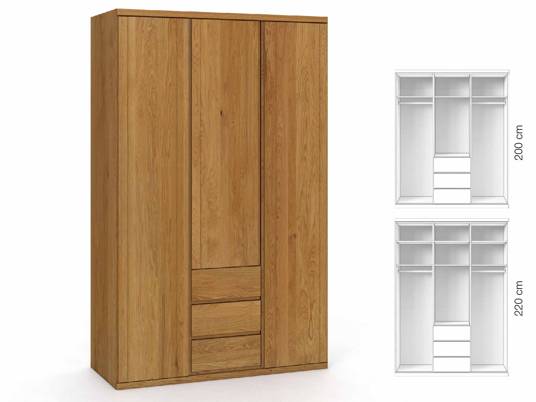 Eichenschrank „Egon“, 3-türig, Höhe 220 cm, Griffausführung „Patrizia“, Inneneinrichtung: E