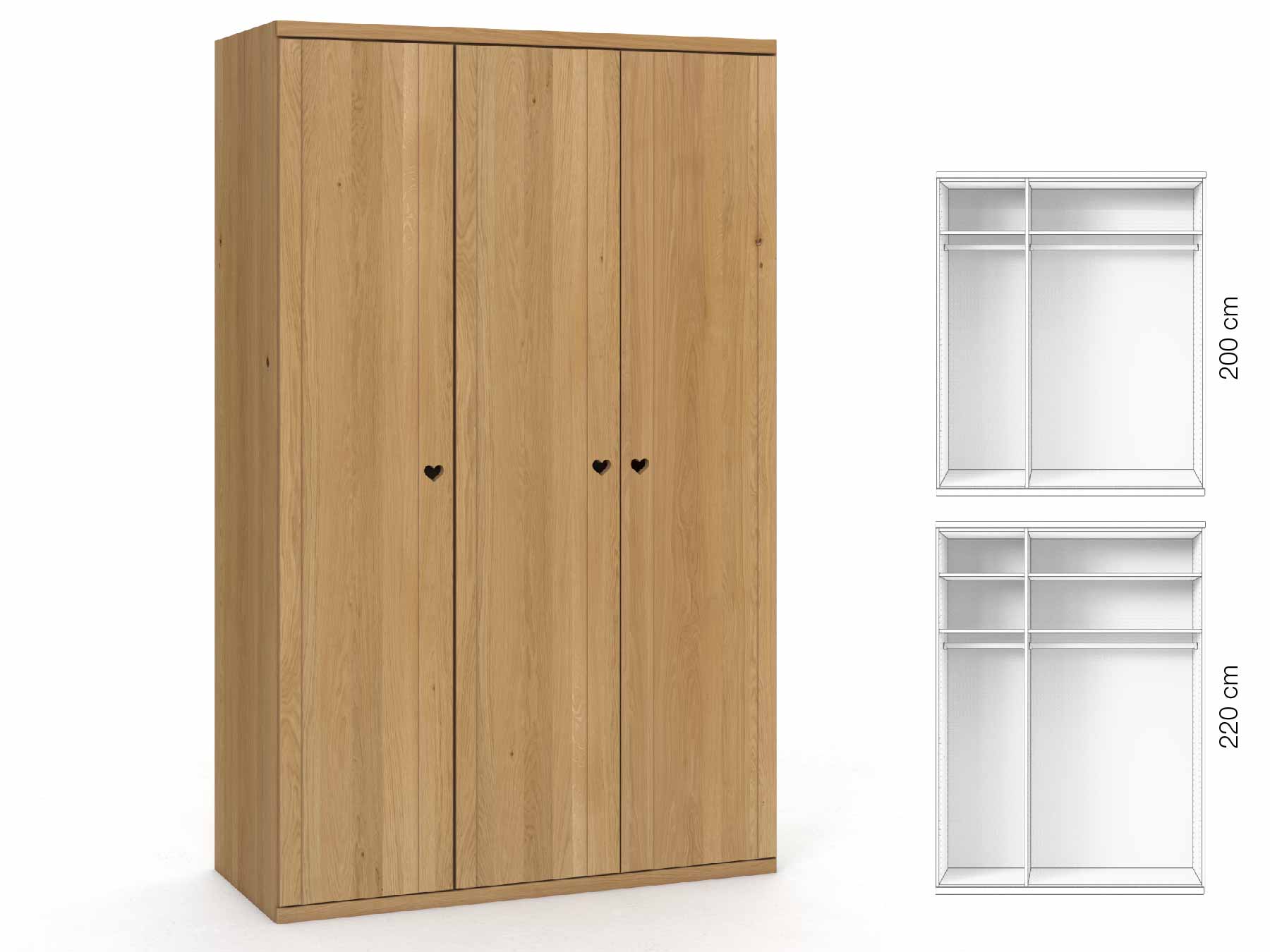 Eichenschrank Hell „Egon“, 3-türig, Höhe 220 cm, Griffausführung „Heidi“, Inneneinrichtung: A