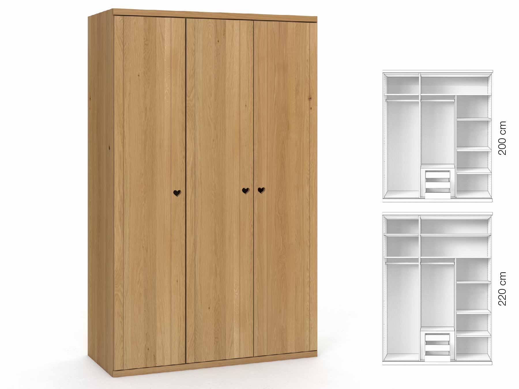 Eichenschrank Hell „Egon“, 3-türig, Höhe 220 cm, Griffausführung „Heidi“, Inneneinrichtung: D