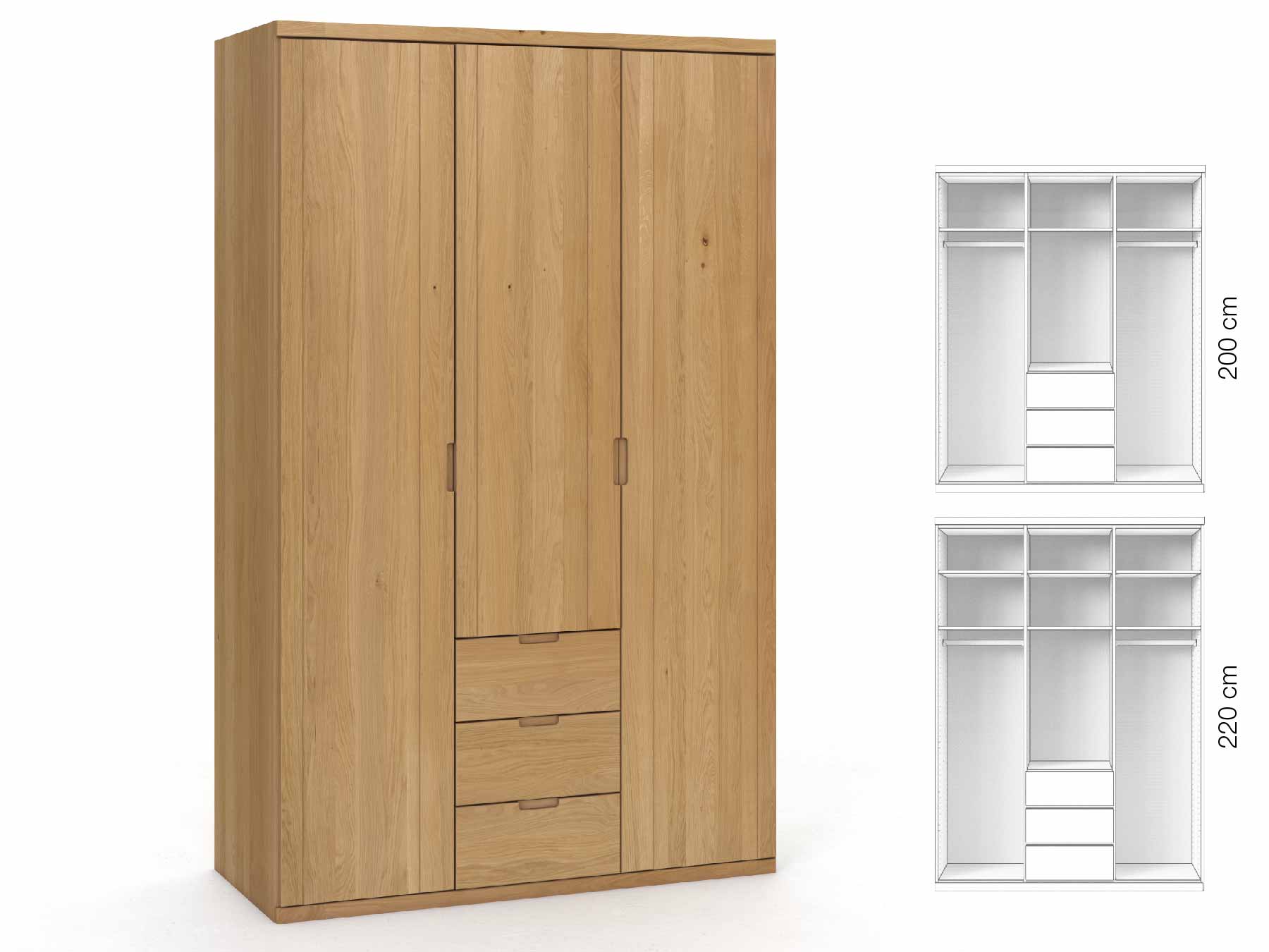 Eichenschrank Hell „Egon“, 3-türig, Höhe 220 cm, Griffausführung „Lukas“, Inneneinrichtung: E