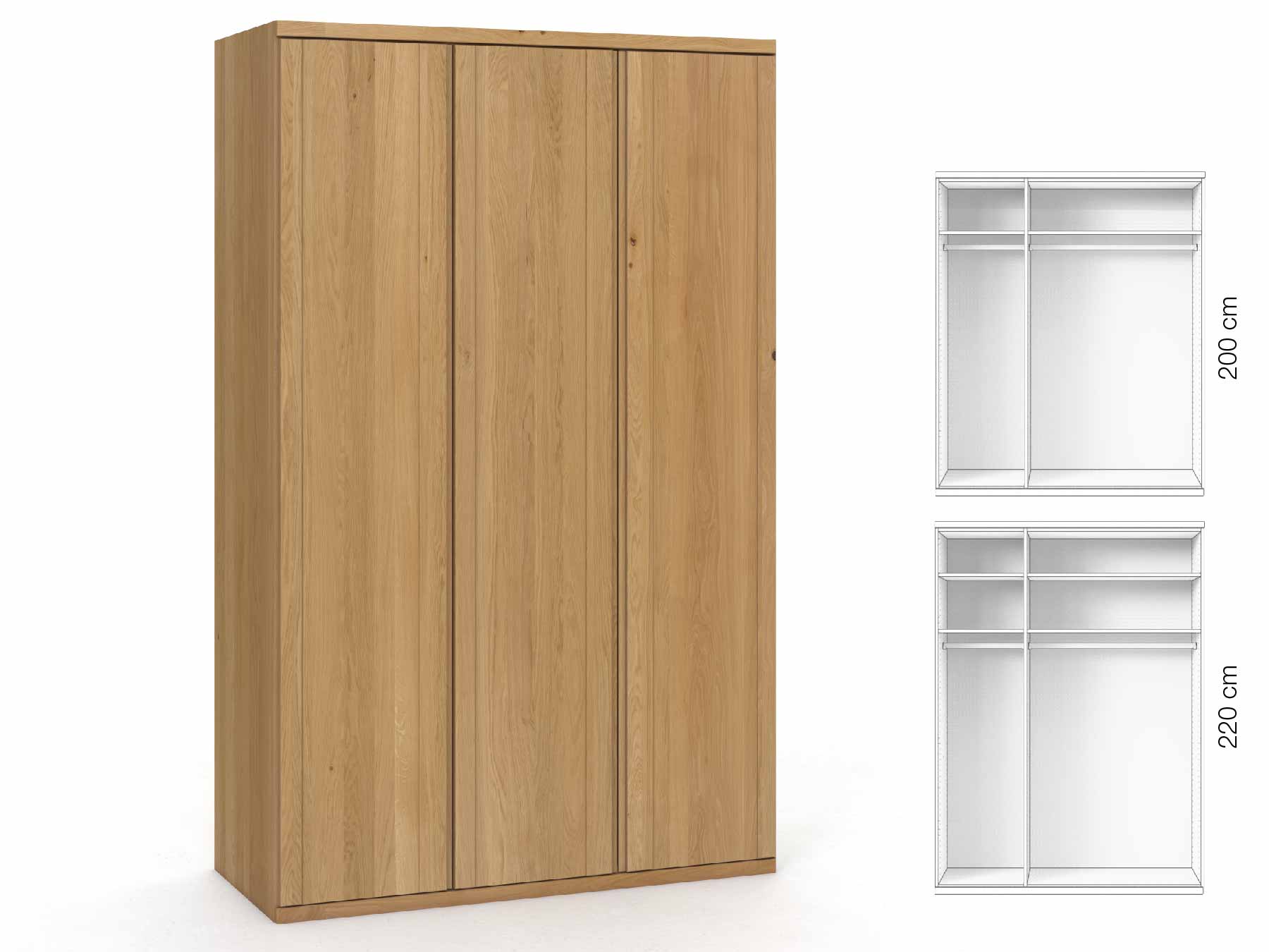 Eichenschrank Hell „Egon“, 3-türig, Höhe 220 cm, Griffausführung „Patrizia“, Inneneinrichtung: A