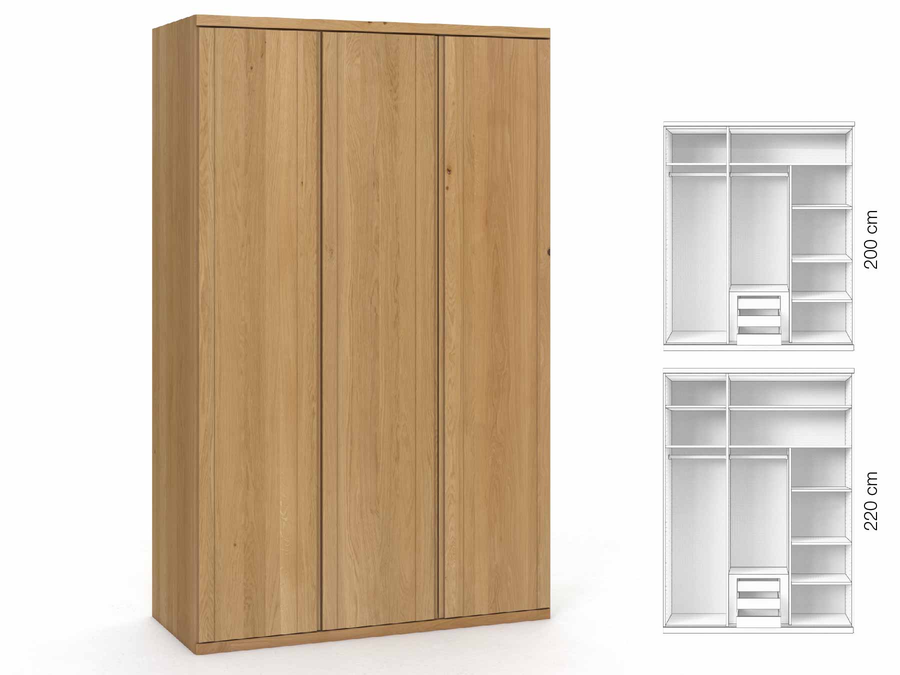 Eichenschrank Hell „Egon“, 3-türig, Höhe 220 cm, Griffausführung „Patrizia“, Inneneinrichtung: D