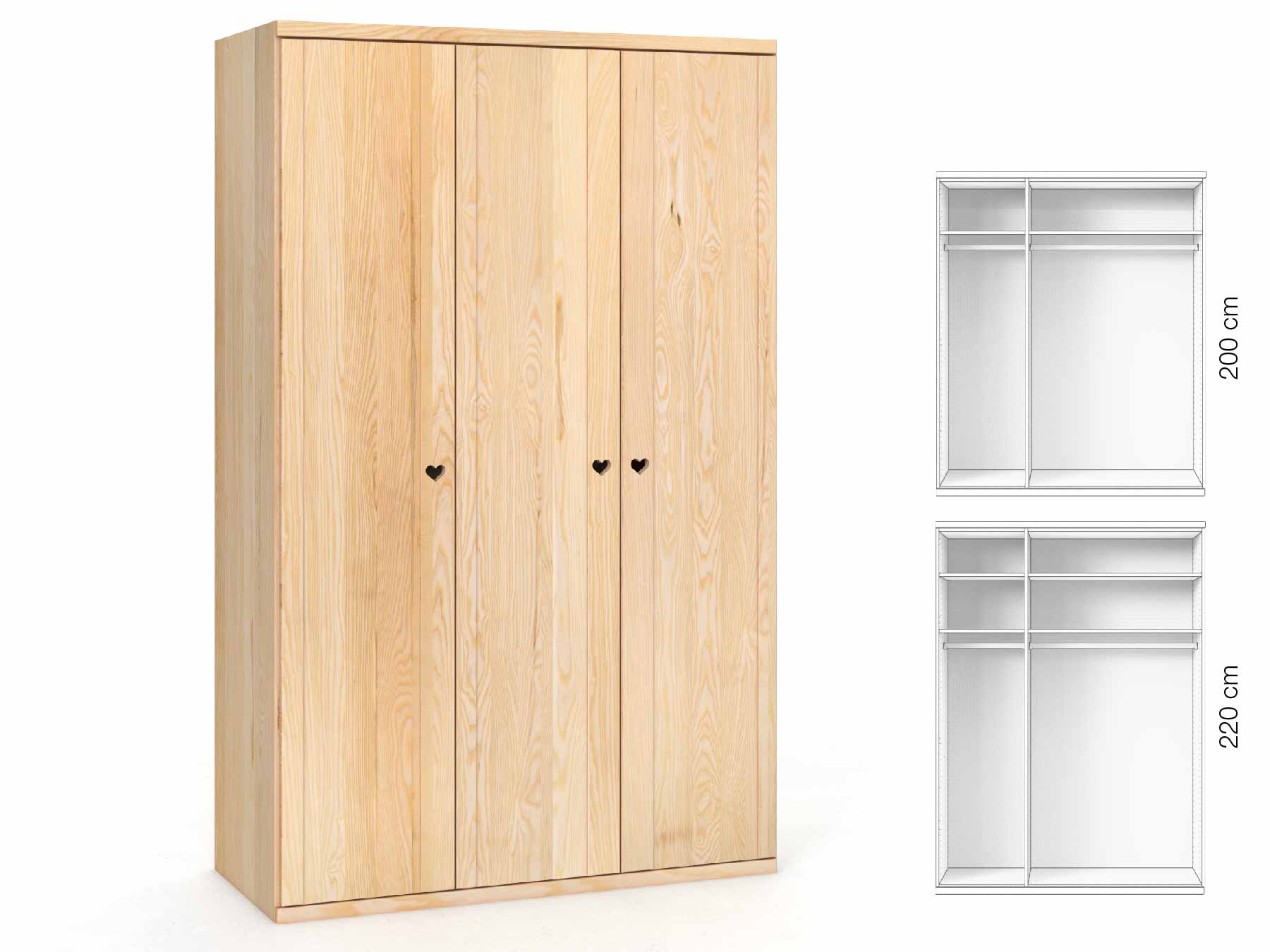 Eschenschrank „Egon“, 3-türig, Höhe 220 cm, Griffausführung „Heidi“, Inneneinrichtung: A