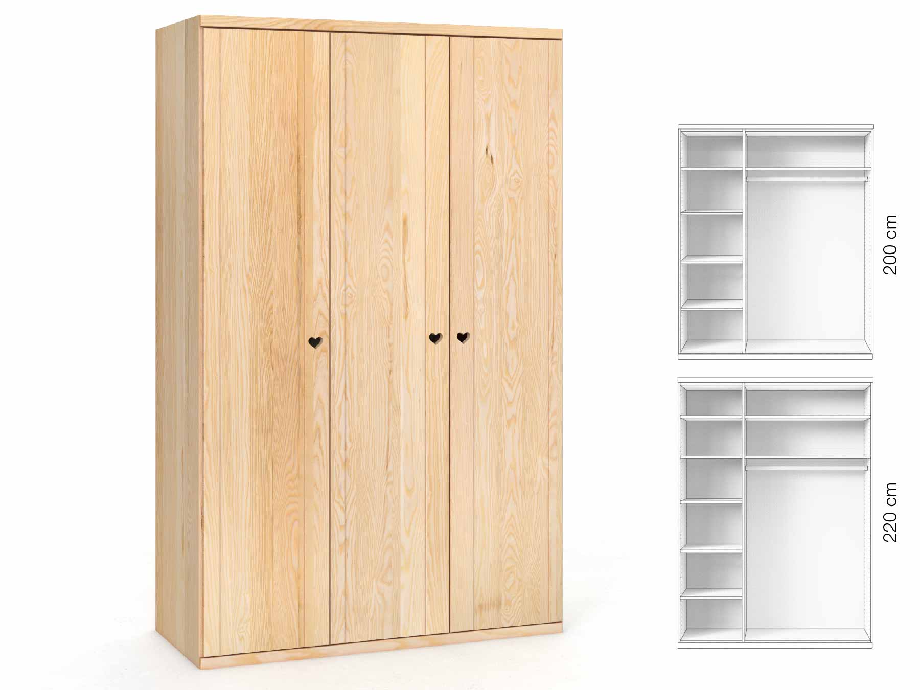 Eschenschrank „Egon“, 3-türig, Höhe 220 cm, Griffausführung „Heidi“, Inneneinrichtung: B