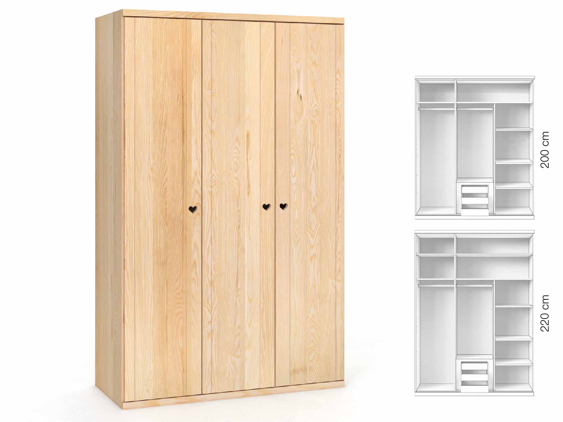 Eschenschrank „Egon“, 3-türig, Höhe 220 cm, Griffausführung „Heidi“, Inneneinrichtung: D