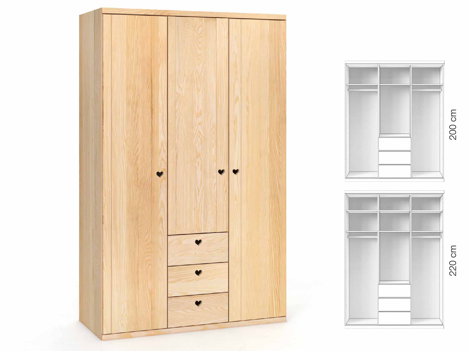 Eschenschrank „Egon“, 3-türig, Höhe 220 cm, Griffausführung „Heidi“, Inneneinrichtung: E