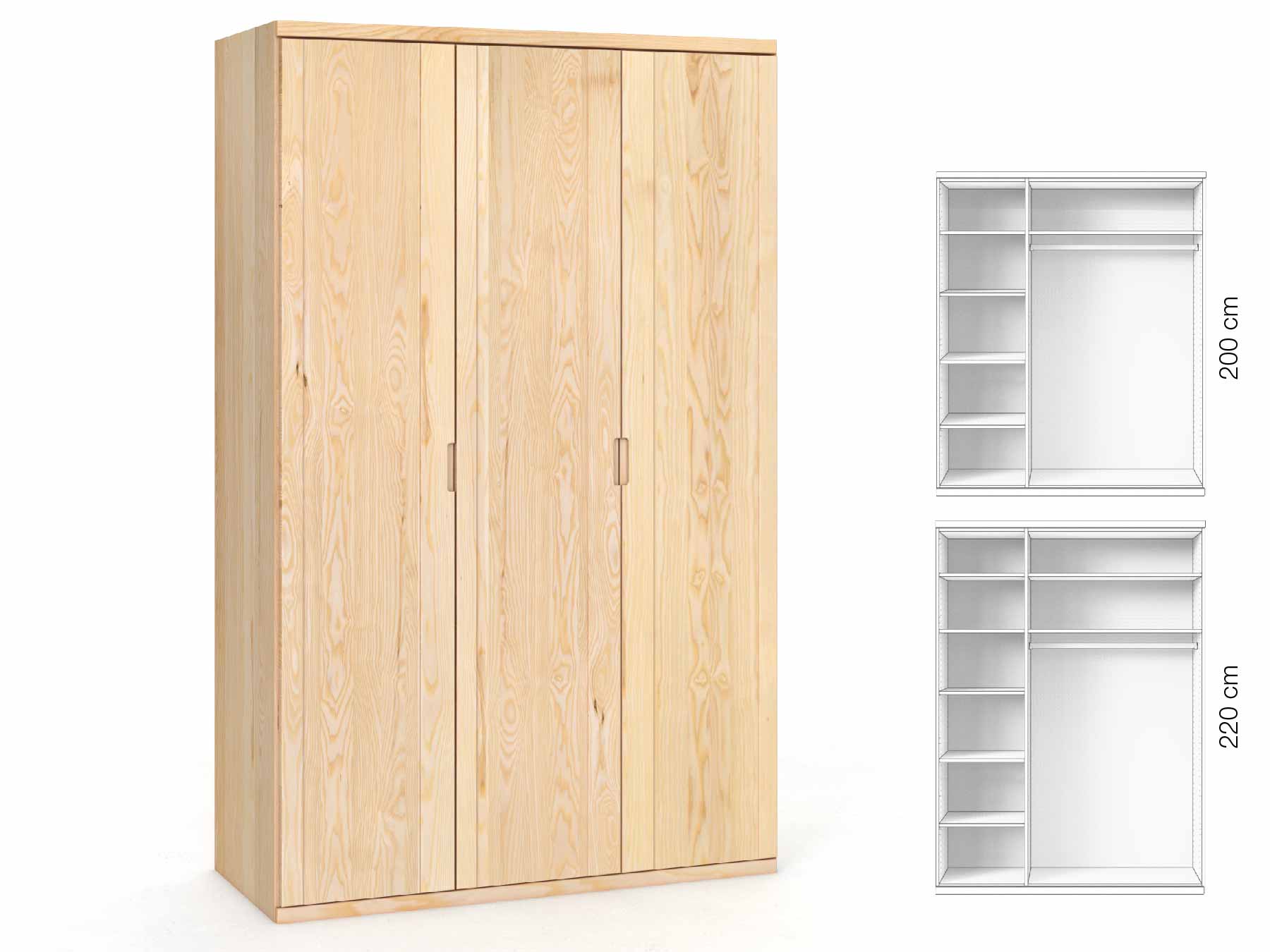 Eschenschrank „Egon“, 3-türig, Höhe 220 cm, Griffausführung „Lukas“, Inneneinrichtung: B