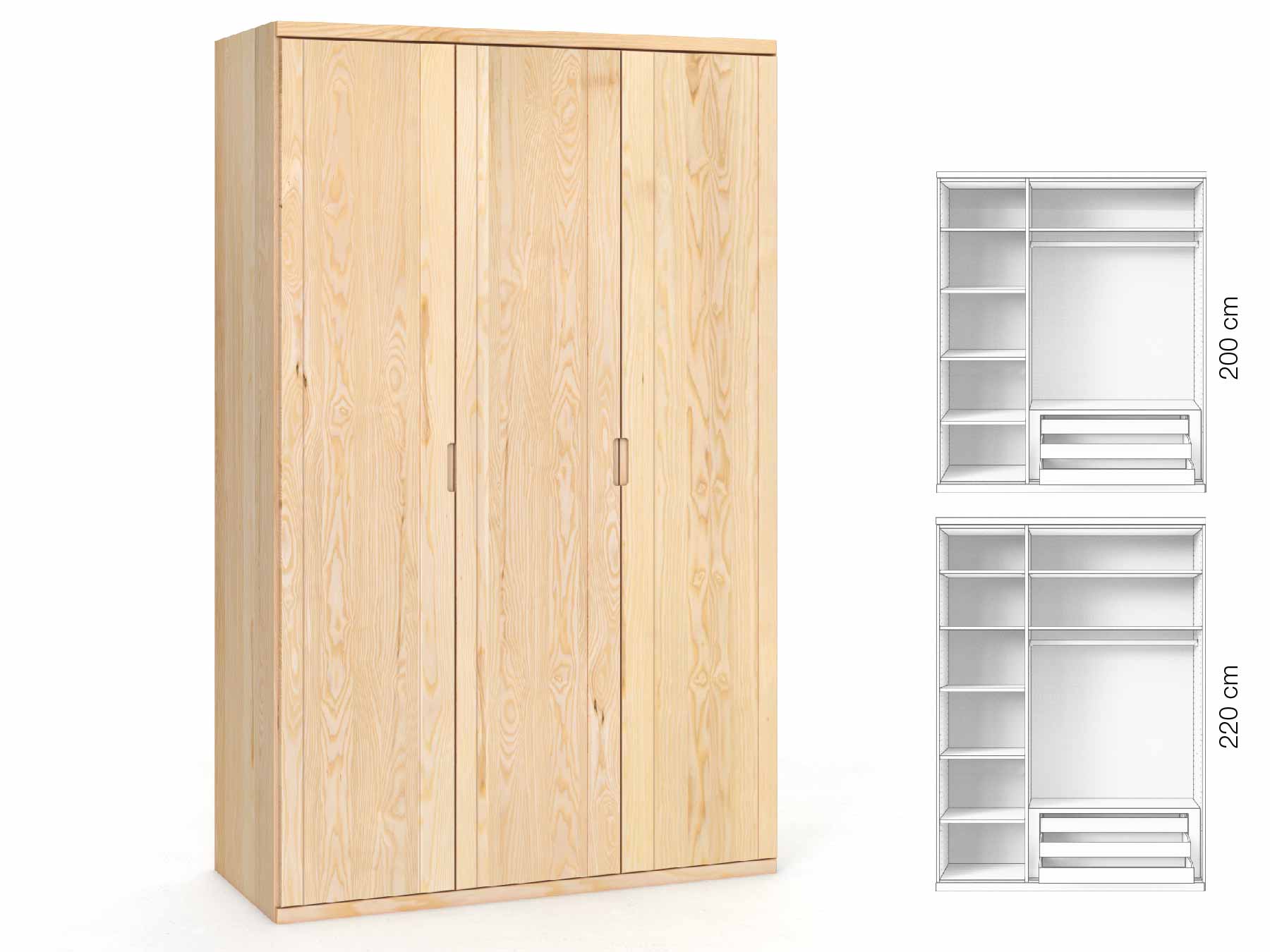 Eschenschrank „Egon“, 3-türig, Höhe 220 cm, Griffausführung „Lukas“, Inneneinrichtung: C