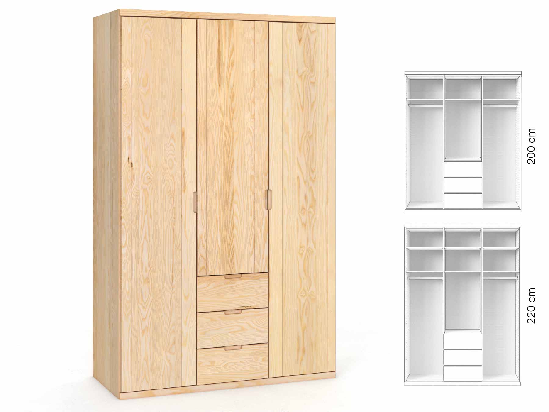 Eschenschrank „Egon“, 3-türig, Höhe 220 cm, Griffausführung „Lukas“, Inneneinrichtung: E