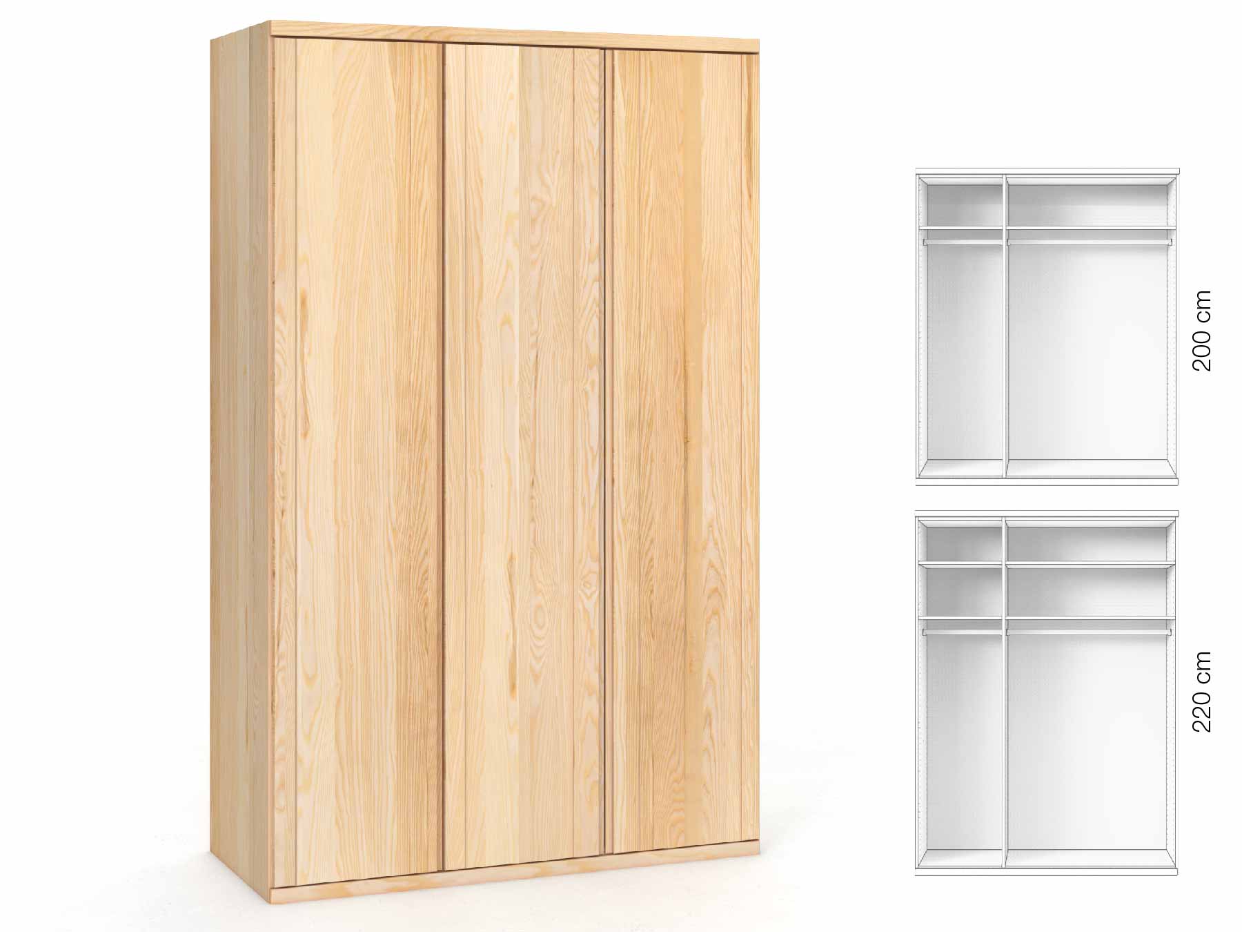 Eschenschrank „Egon“, 3-türig, Höhe 220 cm, Griffausführung „Patrizia“, Inneneinrichtung: A