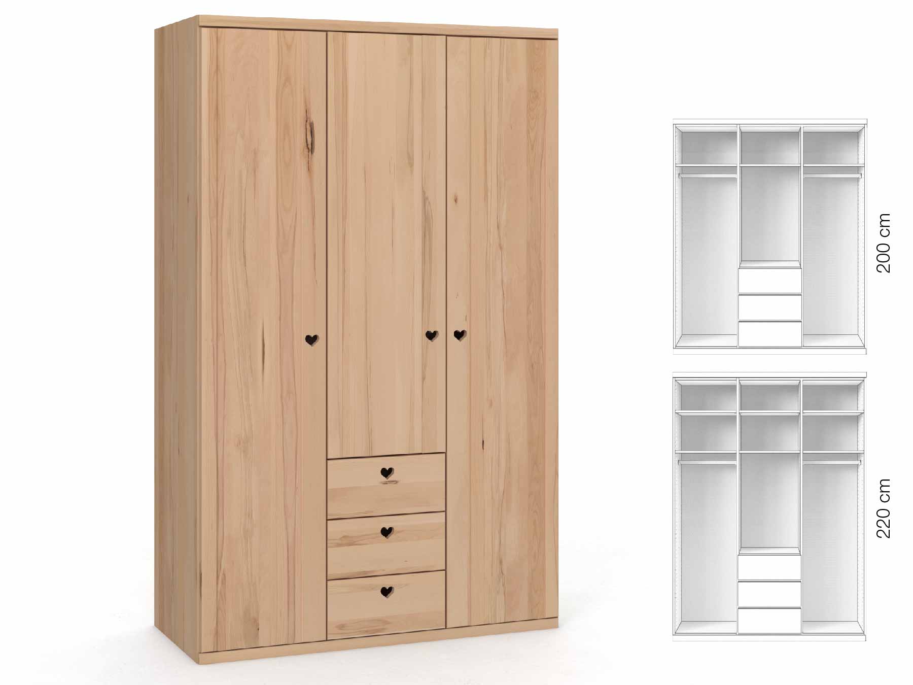 Buchenschrank „Egon“, 3-türig, Höhe 220 cm, Griffausführung „Heidi“, Inneneinrichtung: E