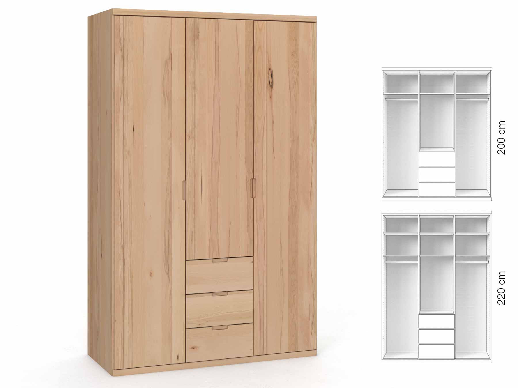 Buchenschrank „Egon“, 3-türig, Höhe 220 cm, Griffausführung „Lukas“, Inneneinrichtung: E